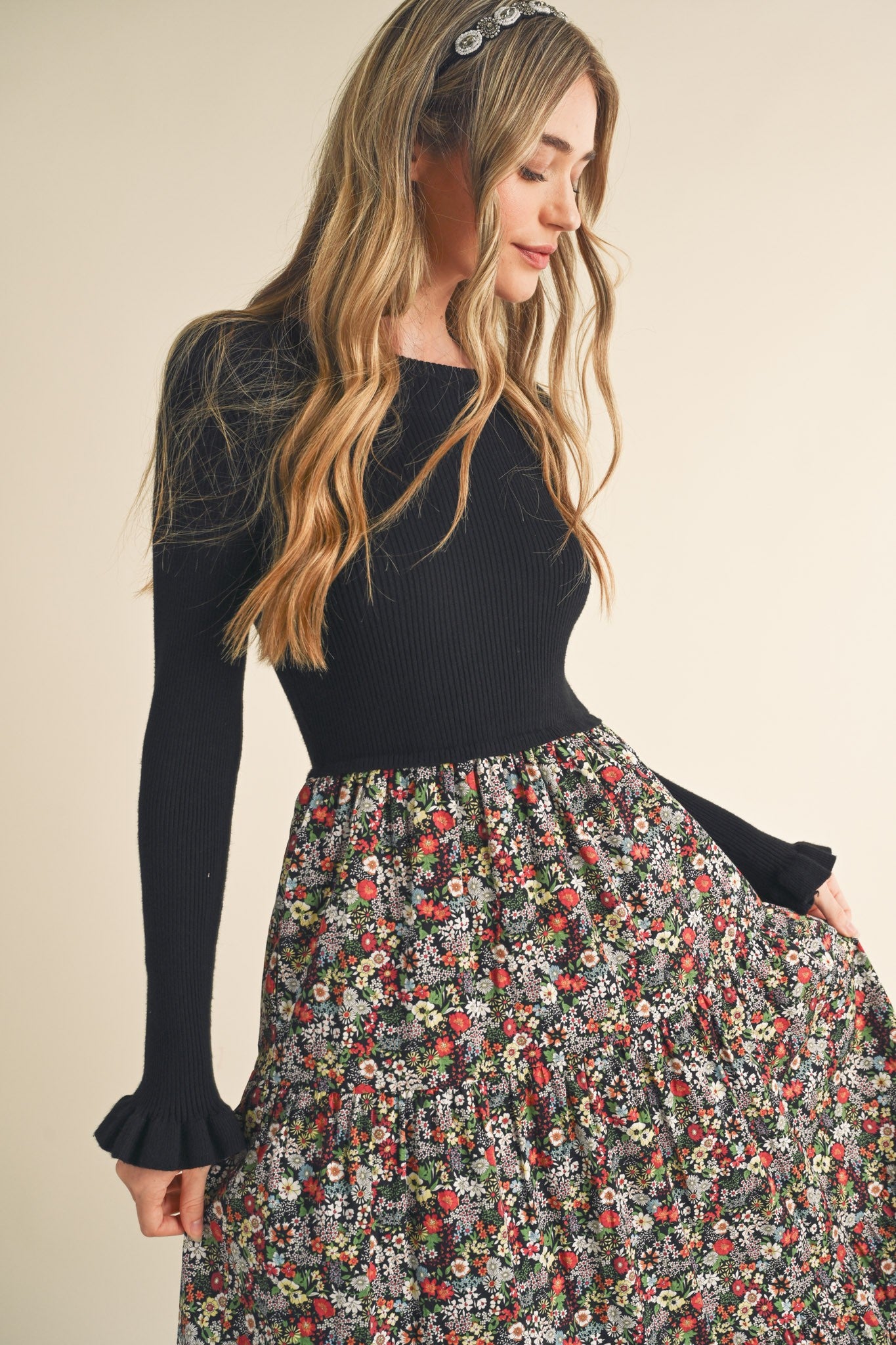 Black Floral Knit Midi Dress With Contrast Woven Skirt PinkBlush Black Floral Knit Midi Dress With Contrast Woven Skirt PinkBlush