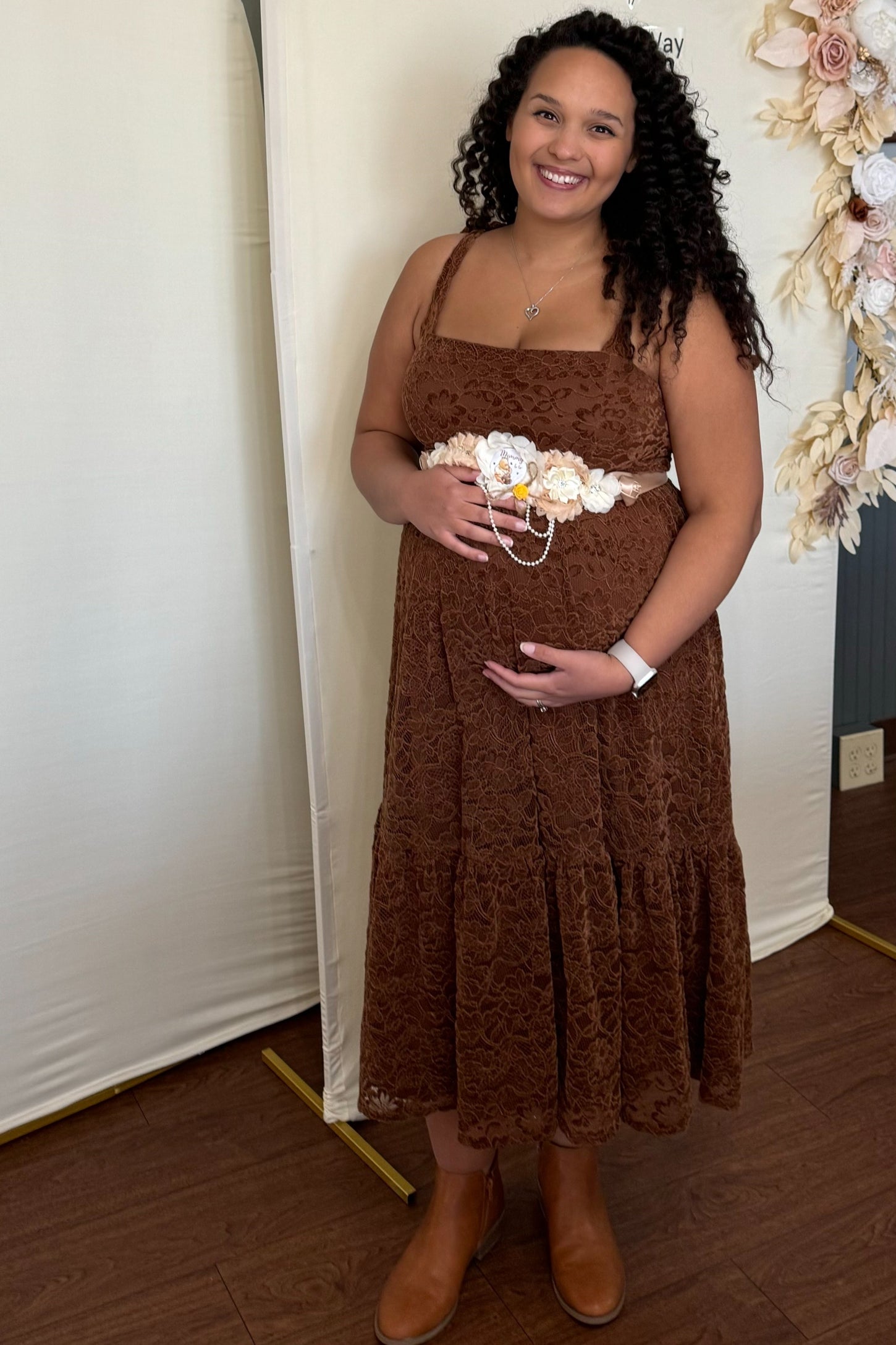 Brown Lace Shoulder Tie Ruffle Hem Maternity Midi Dress PinkBlush Brown Lace Shoulder Tie Ruffle Hem Maternity Midi Dress PinkBlush