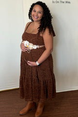 Brown Lace Shoulder Tie Ruffle Hem Maternity Midi Dress