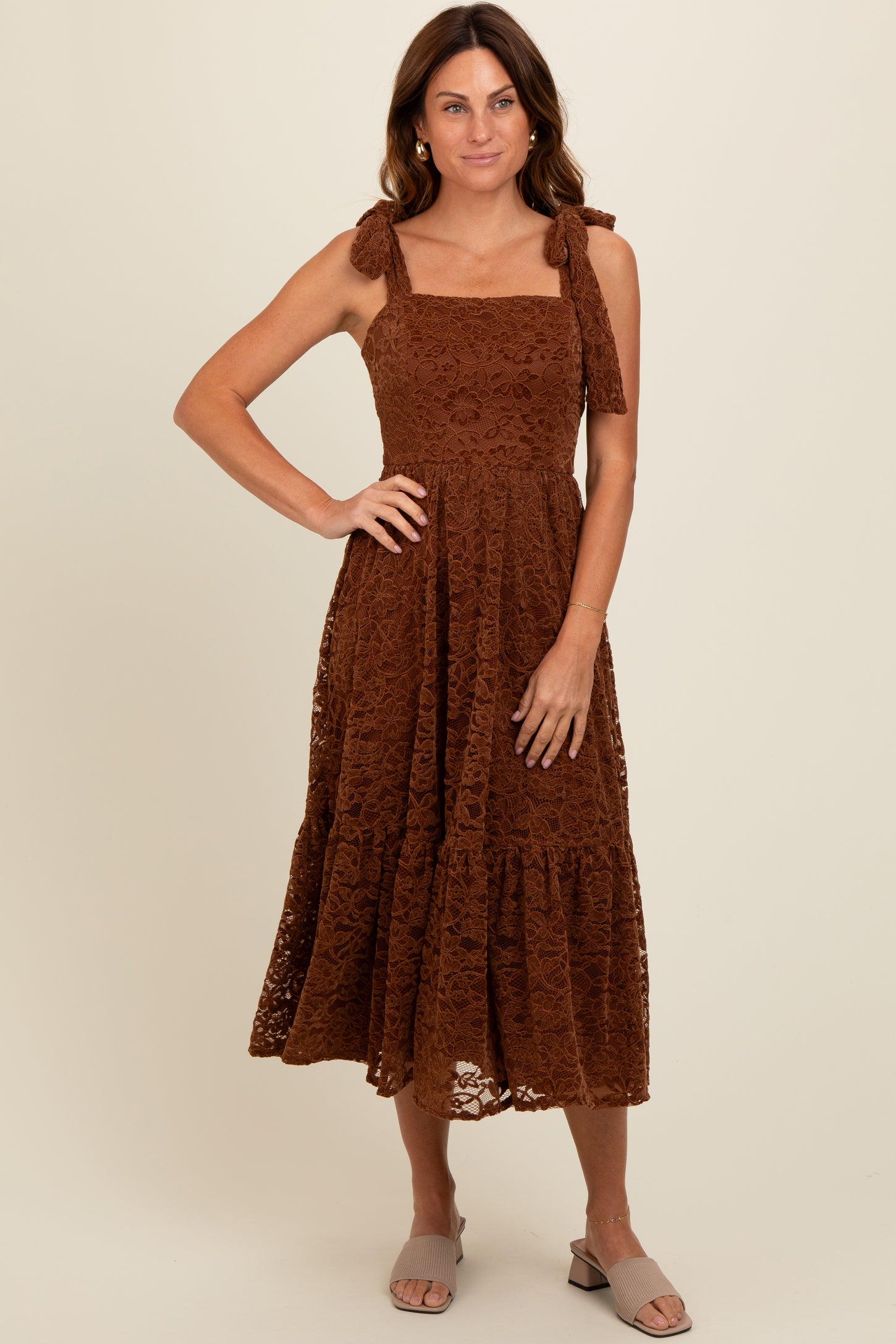 Brown Lace Shoulder Tie Ruffle Hem Maternity Midi Dress Brown Lace Shoulder Tie Ruffle Hem Maternity Midi Dress