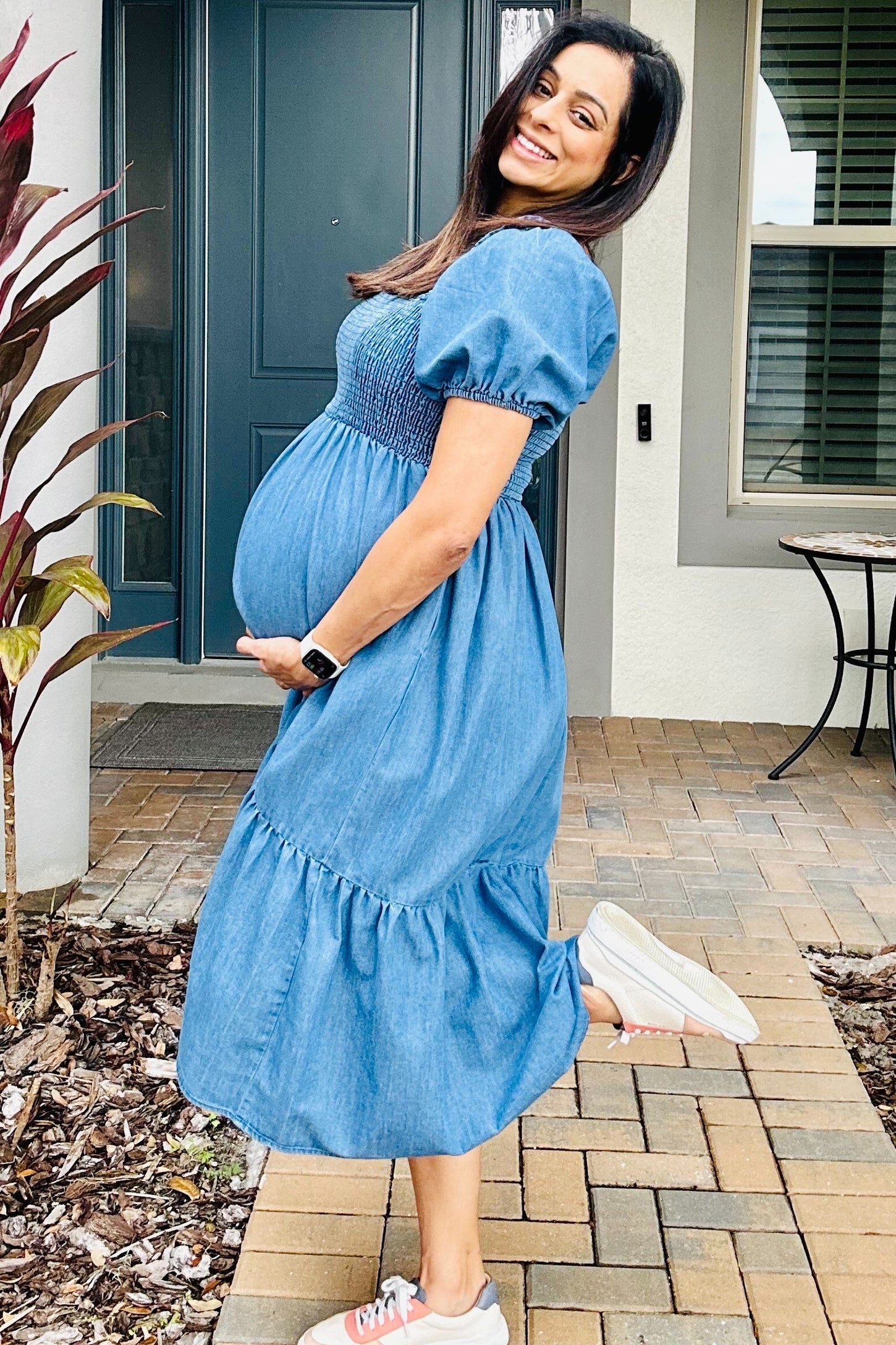 chambray fitted midi dress Blue Smocked Chambray Tie Back Cutout Midi Dress PinkBlush