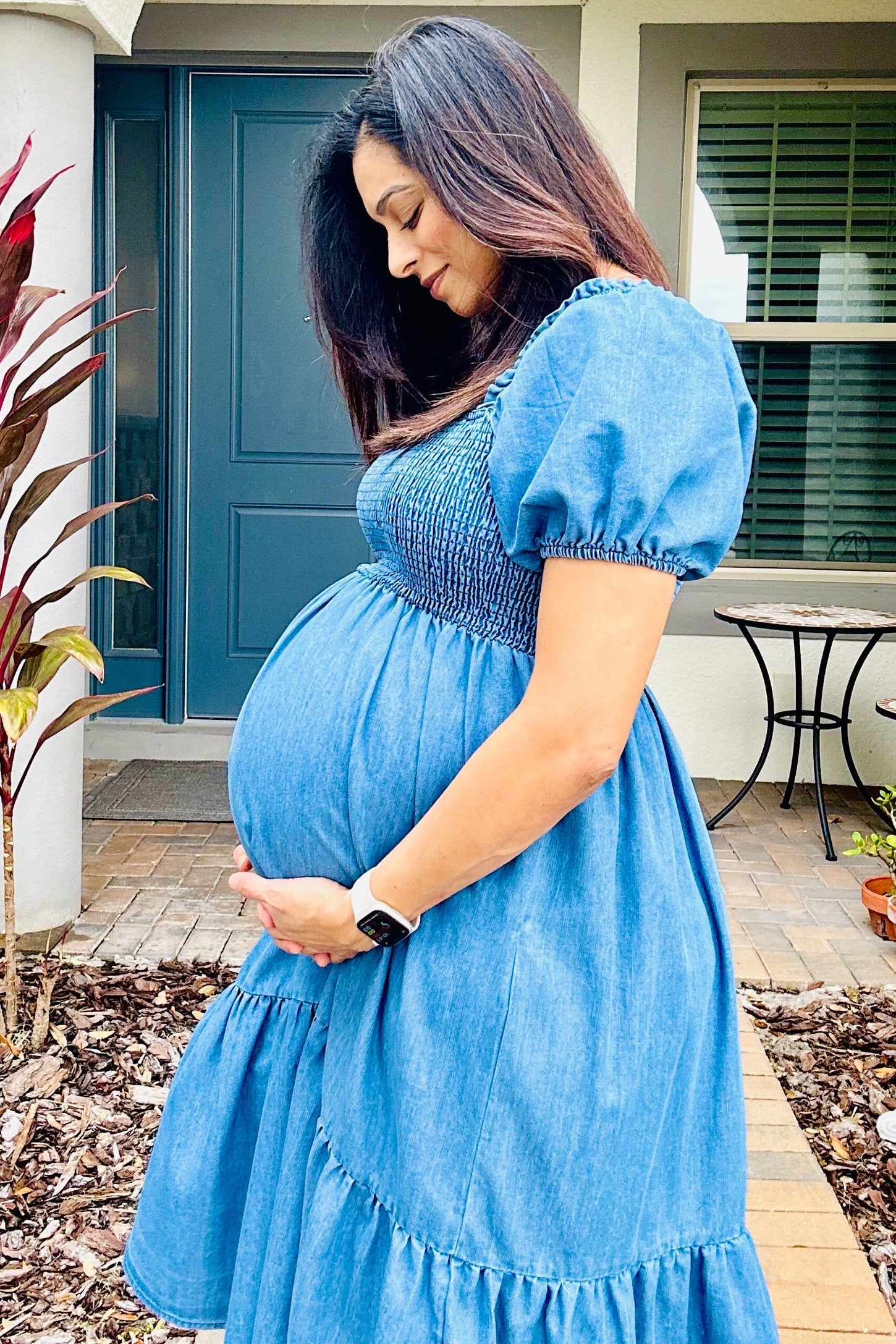 Blue Vintage Wash Chambray Smocked Maternity Midi Dress PinkBlush Blue Vintage Wash Chambray Smocked Maternity Midi Dress PinkBlush