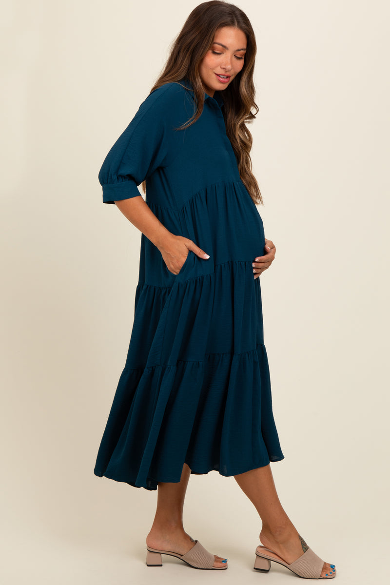 Dark Teal Collared Button Up Tiered Maternity Midi Dress – PinkBlush