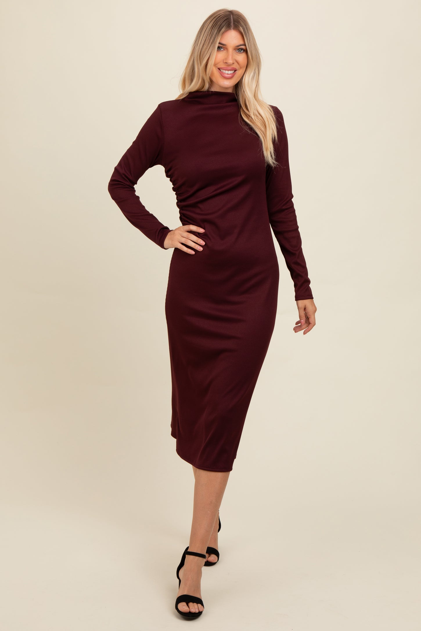 Brown Ruffle Mock Neck Long Sleeve Maternity Midi Dress PinkBlush Brown Ruffle Mock Neck Long Sleeve Maternity Midi Dress PinkBlush