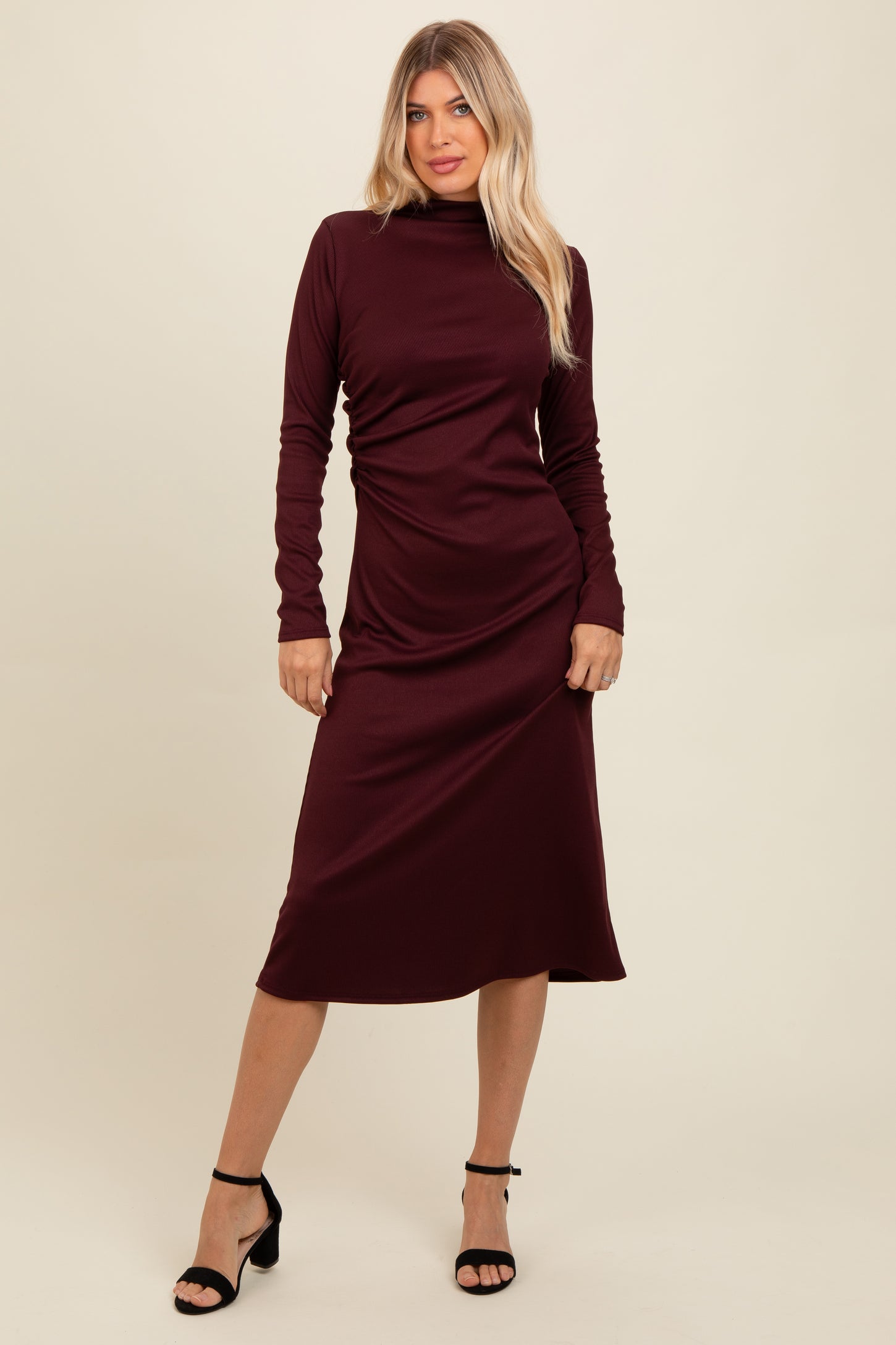 Brown Ruffle Mock Neck Long Sleeve Midi Dress PinkBlush Brown Ruffle Mock Neck Long Sleeve Midi Dress PinkBlush