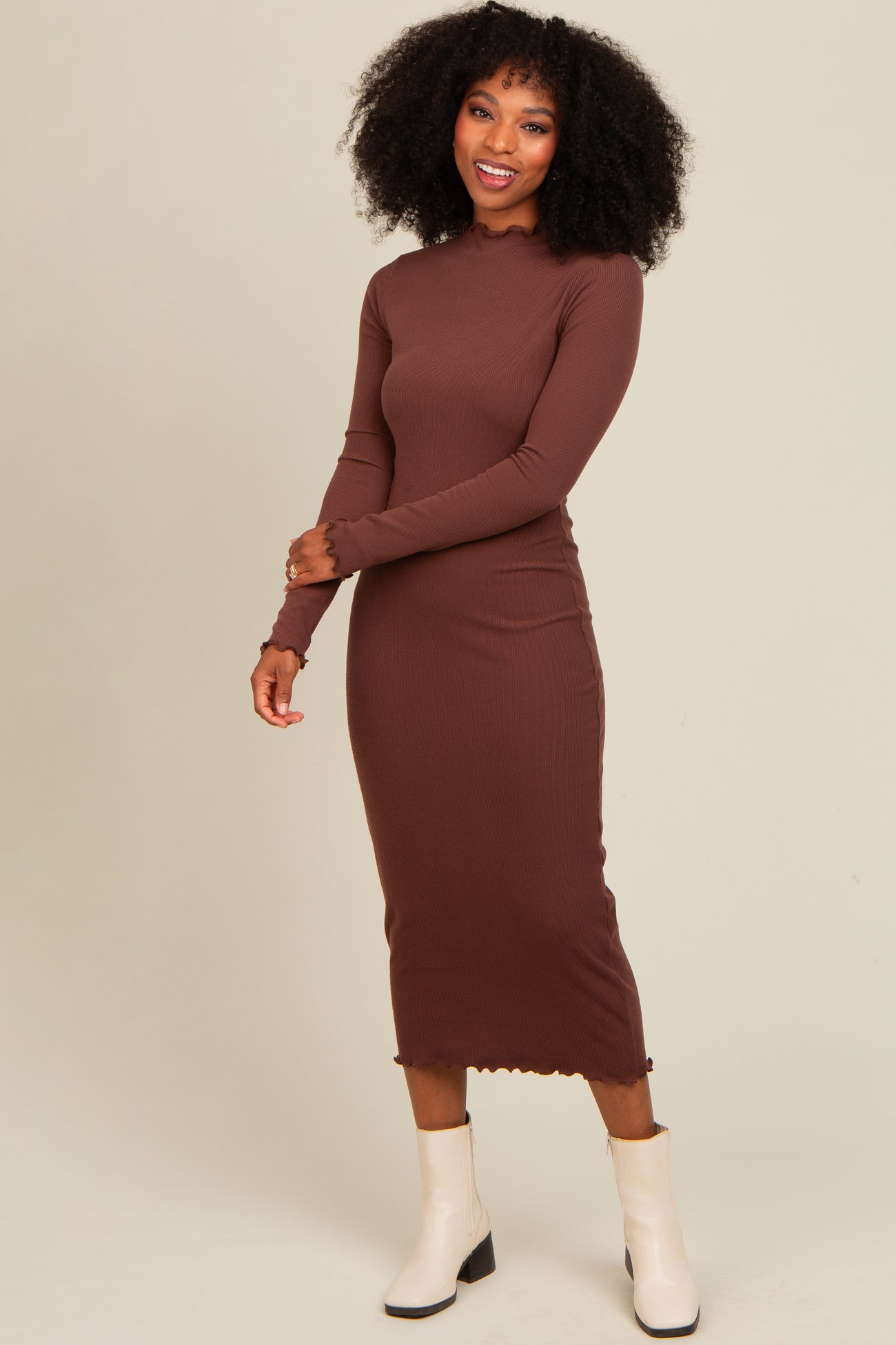 Brown Ruffle Mock Neck Long Sleeve Midi Dress Brown Ruffle Mock Neck Long Sleeve Midi Dress
