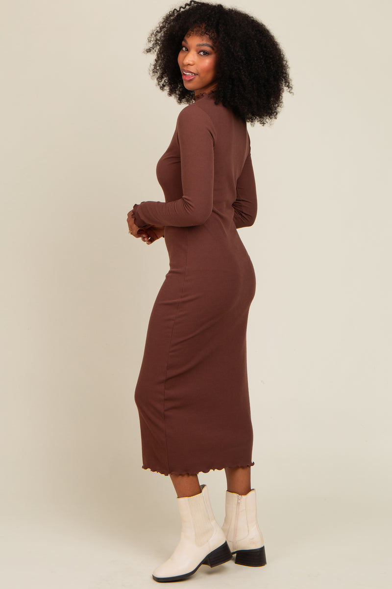 long sleeve brown dress Brown Ruffle Mock Neck Long Sleeve Midi Dress