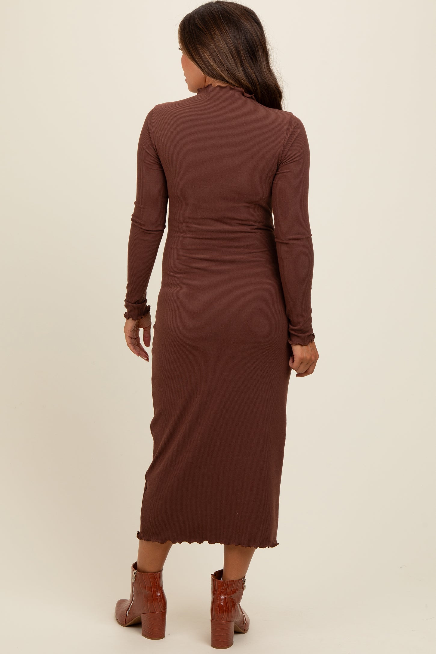 Brown Ruffle Mock Neck Long Sleeve Maternity Midi Dress Brown Ruffle Mock Neck Long Sleeve Maternity Midi Dress