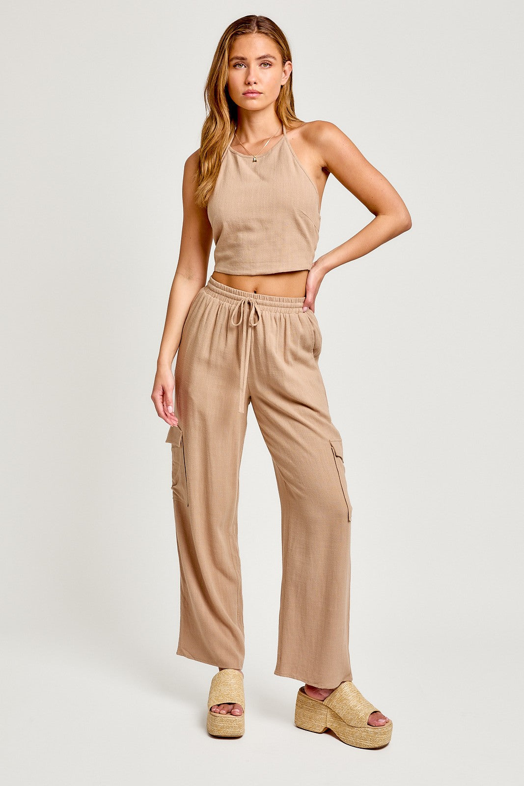 Taupe Halter Neck Linen Crop Top With High Waisted Pants Taupe Halter Neck Linen Crop Top With High Waisted Pants