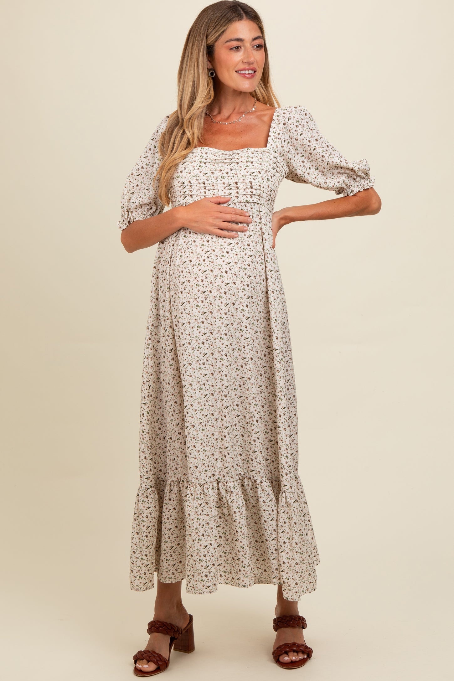 ivory floral smocked maternity maxi dress Handkerchief Hem Expecting mothers can all agree that a good maternity dress is an essential to a comfortable maternity wardrobe Ivory Floral Smocked Maxi Dress