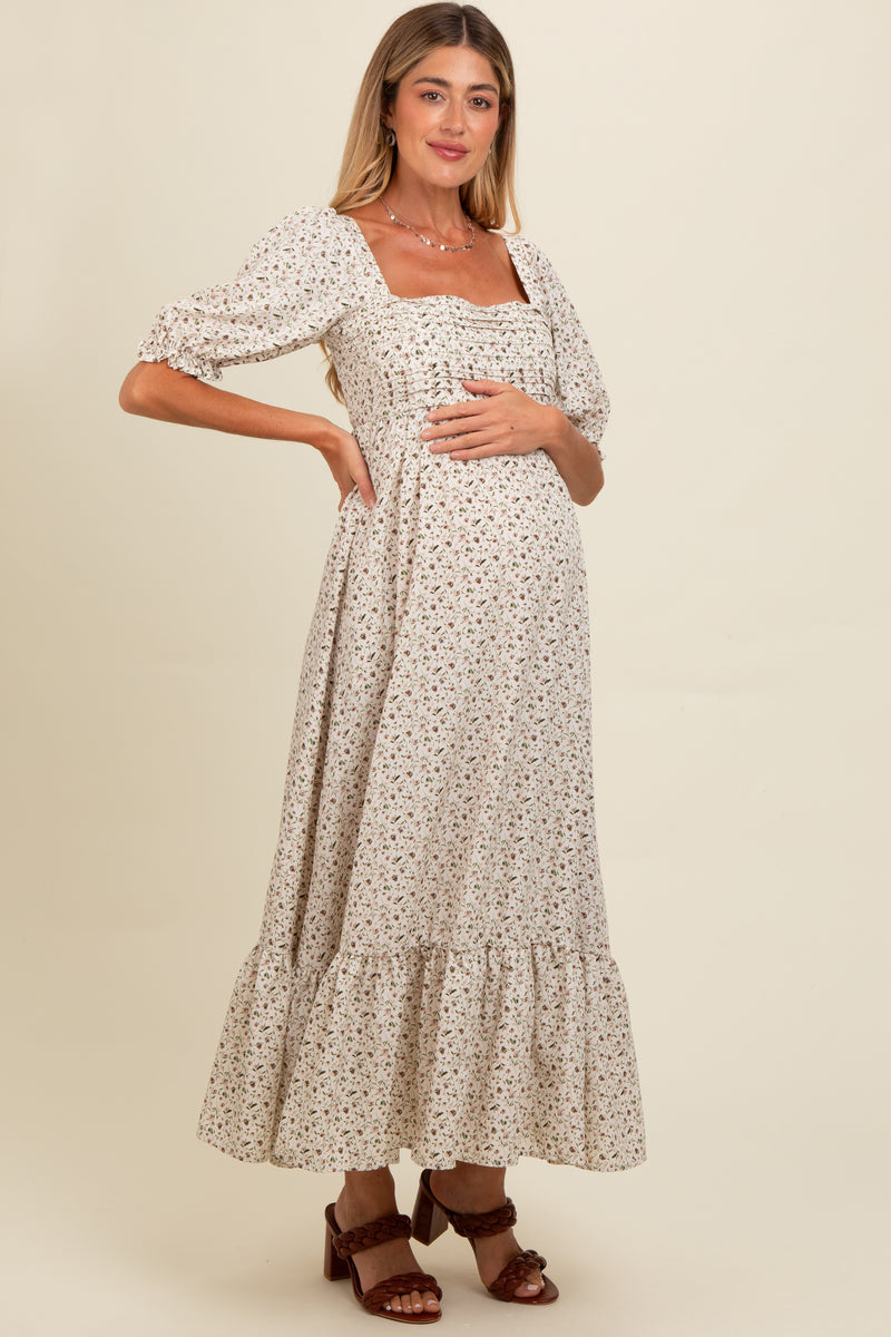 ivory floral smocked maternity maxi dress Ivory Floral Pleated Bodice Maternity Maxi Dress