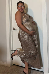 Dark Gold Metallic Halter Maternity Dress