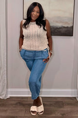 Oatmeal Open Stitch Side Lace Up Detailed Sweater Top