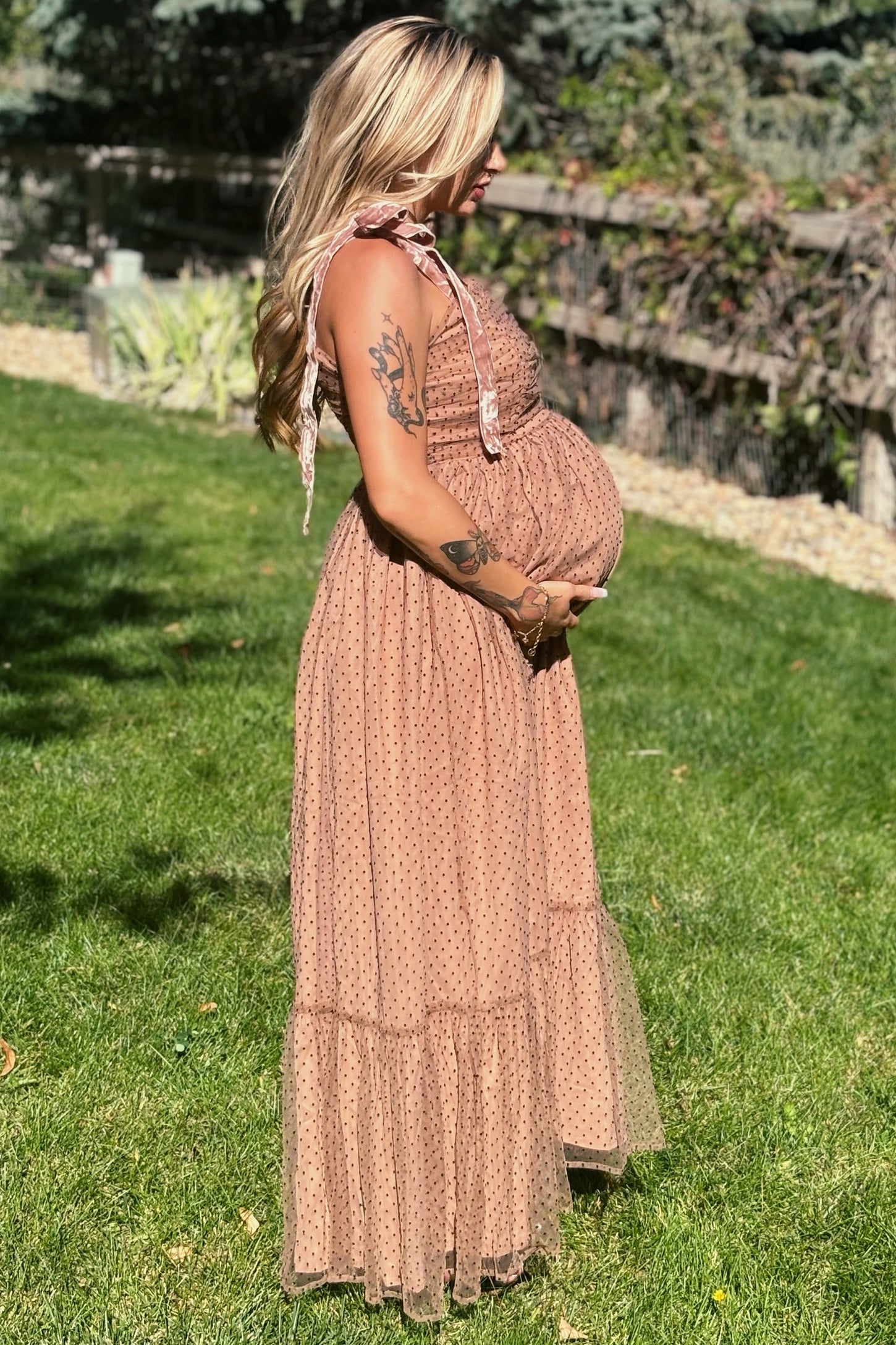 spring maternity dresses Camel Dotted Mesh Overlay Shoulder Tie Maternity Midi Dress – PinkBlush
