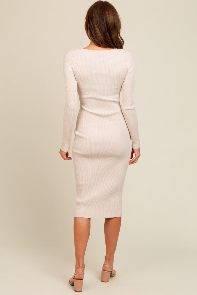 cream ribbed long sleeve dress HATCH Collection The Odette Ribbed Midi Dress in Ivory