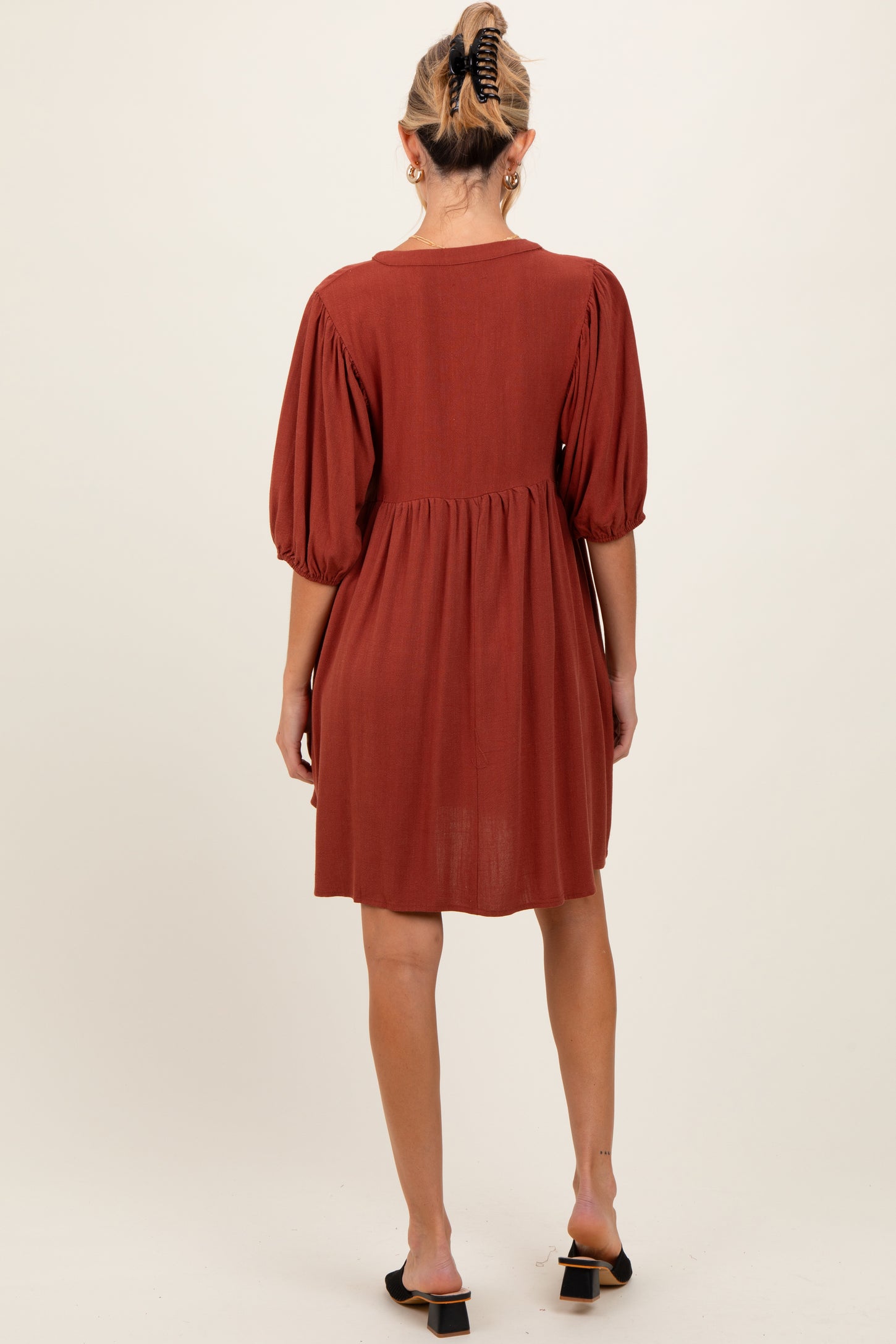 Rust Button Up Split Neck Maternity Dress