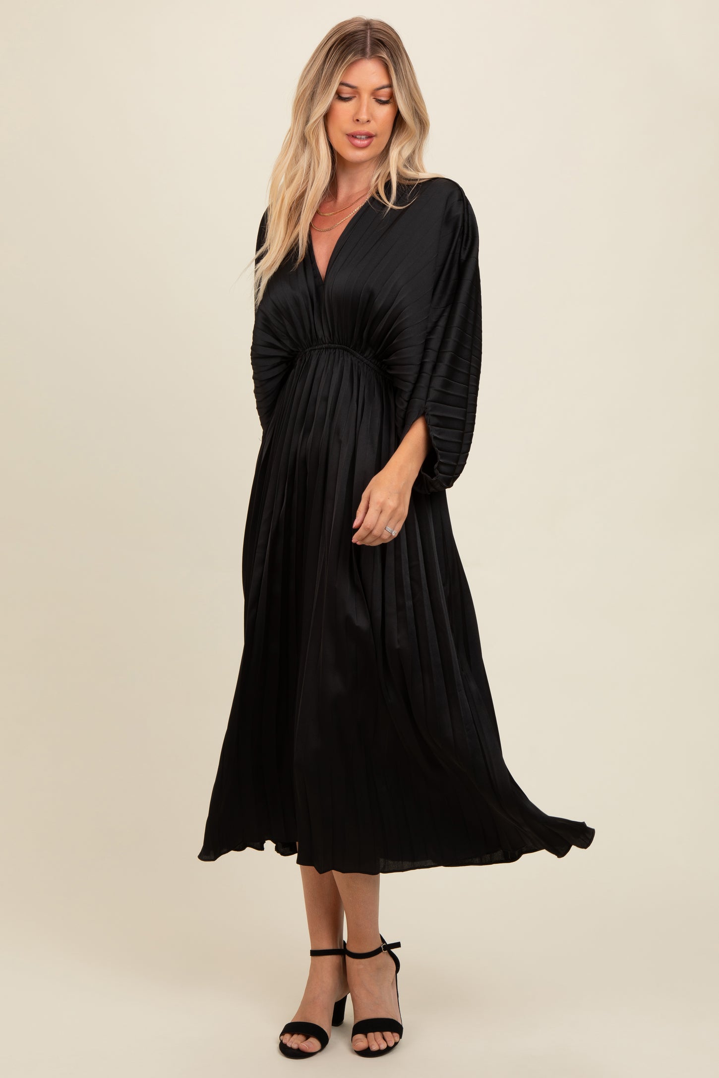 Black Satin Pleated V-Neck Maxi Dress Black Satin Pleated V-Neck Maxi Dress