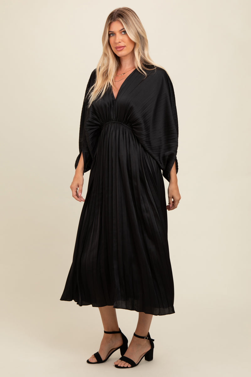 Black Satin Pleated V-Neck Maxi Dress– PinkBlush