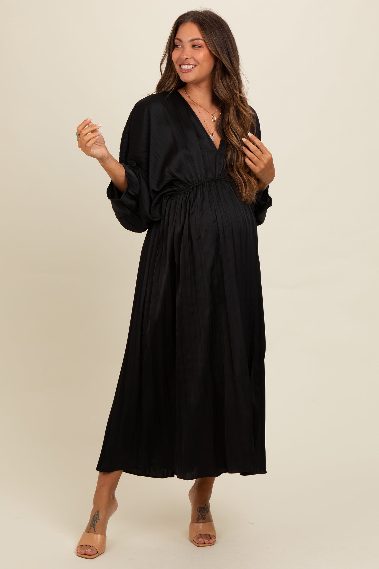 Black Satin Pleated V-Neck Maternity Maxi Dress PinkBlush Black Satin Pleated V-Neck Maternity Maxi Dress PinkBlush