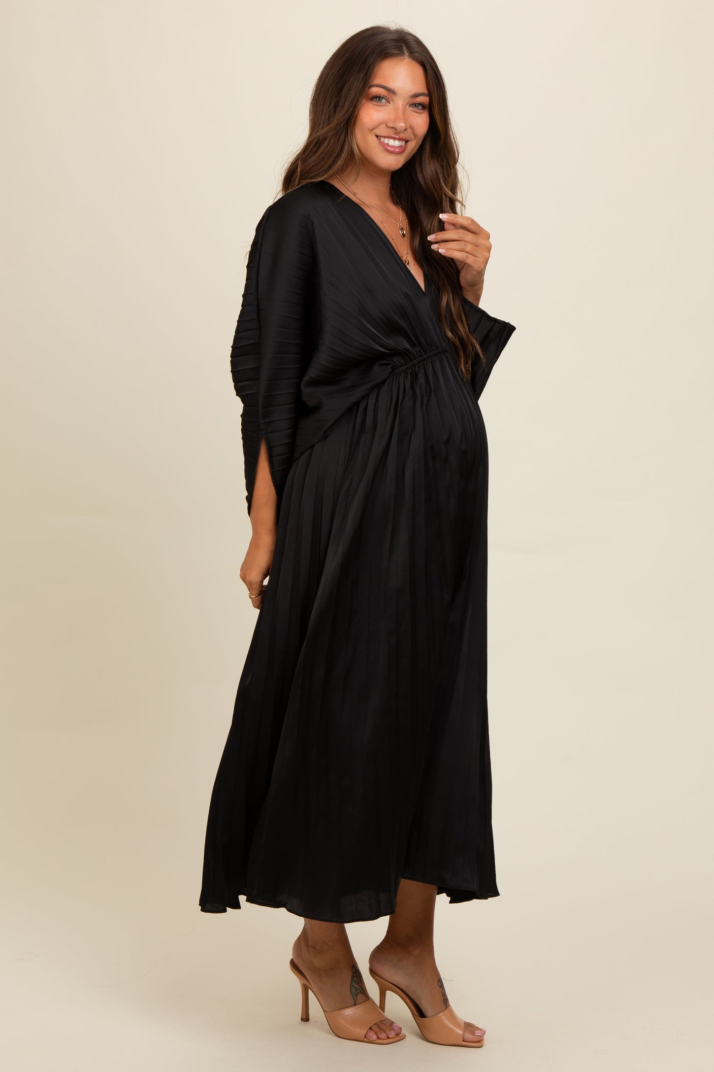 Black Satin Pleated V-Neck Maternity Maxi Dress PinkBlush Black Satin Pleated V-Neck Maternity Maxi Dress PinkBlush