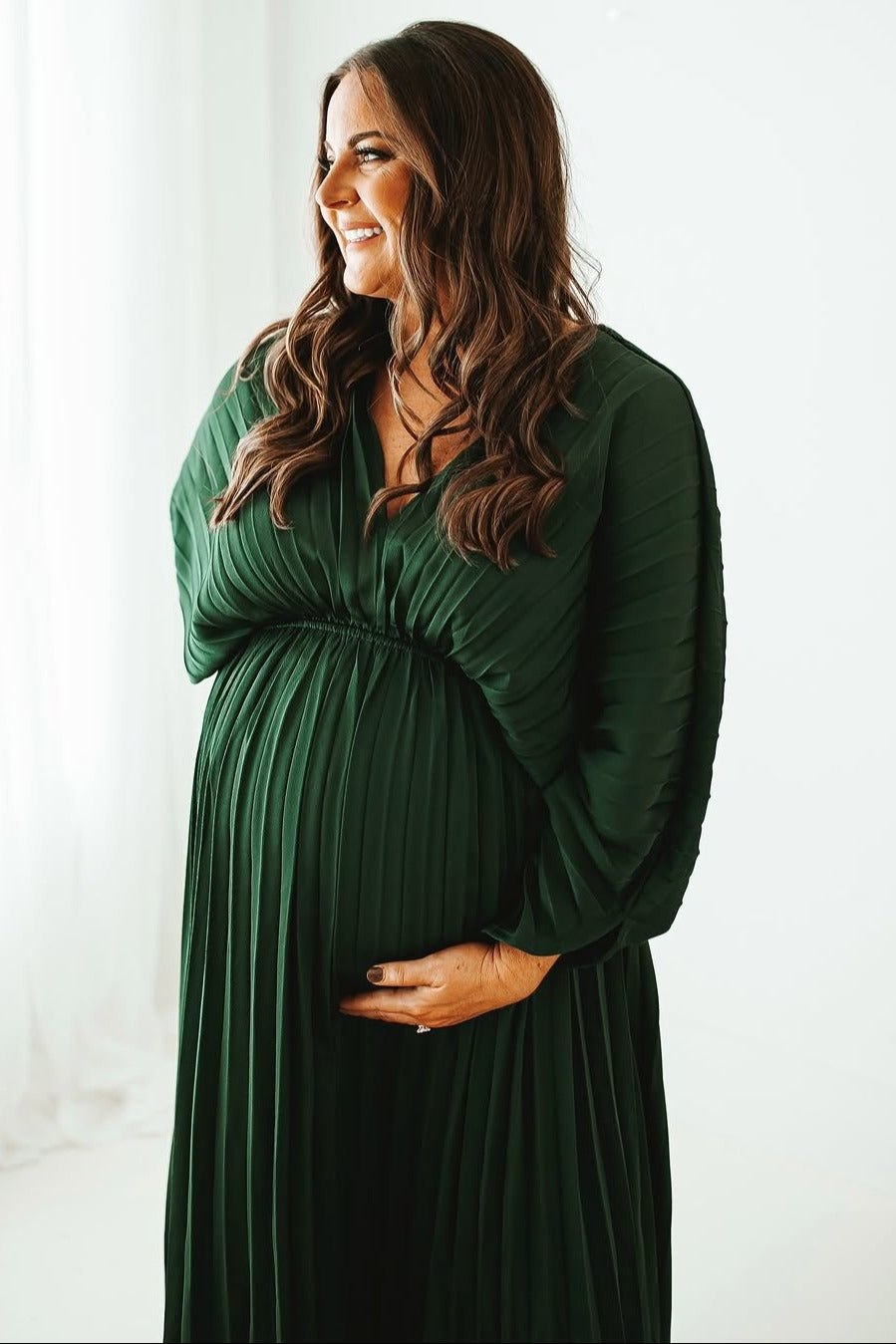 Forest Green Satin Pleated V-Neck Maternity Maxi Dress PinkBlush Forest Green Satin Pleated V-Neck Maternity Maxi Dress PinkBlush