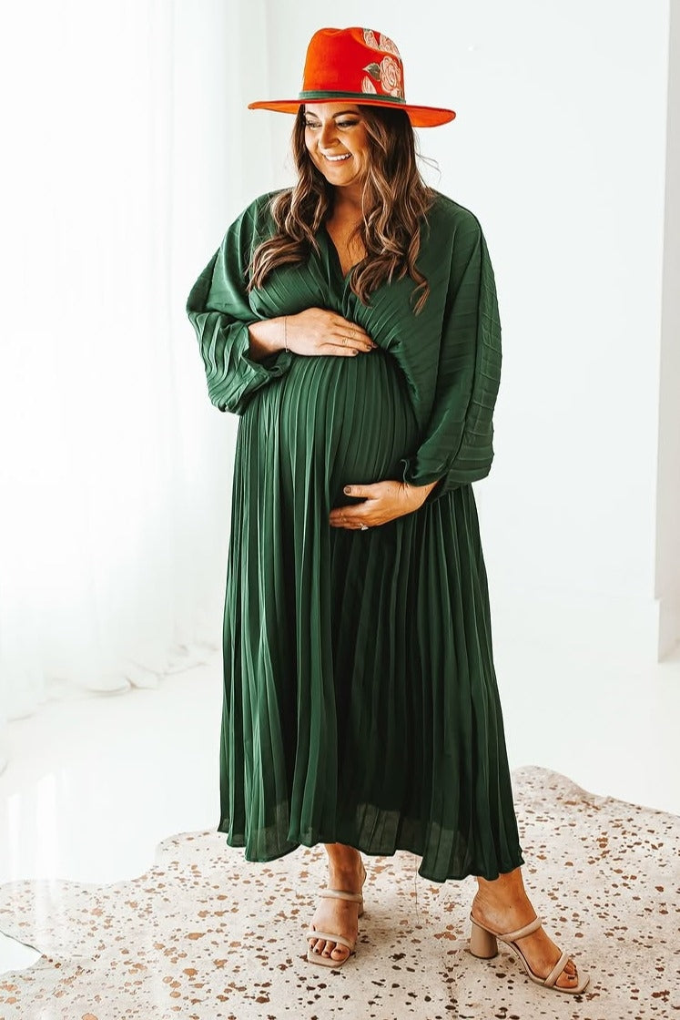 Forest Green Satin Pleated V-Neck Maternity Maxi Dress – PinkBlush