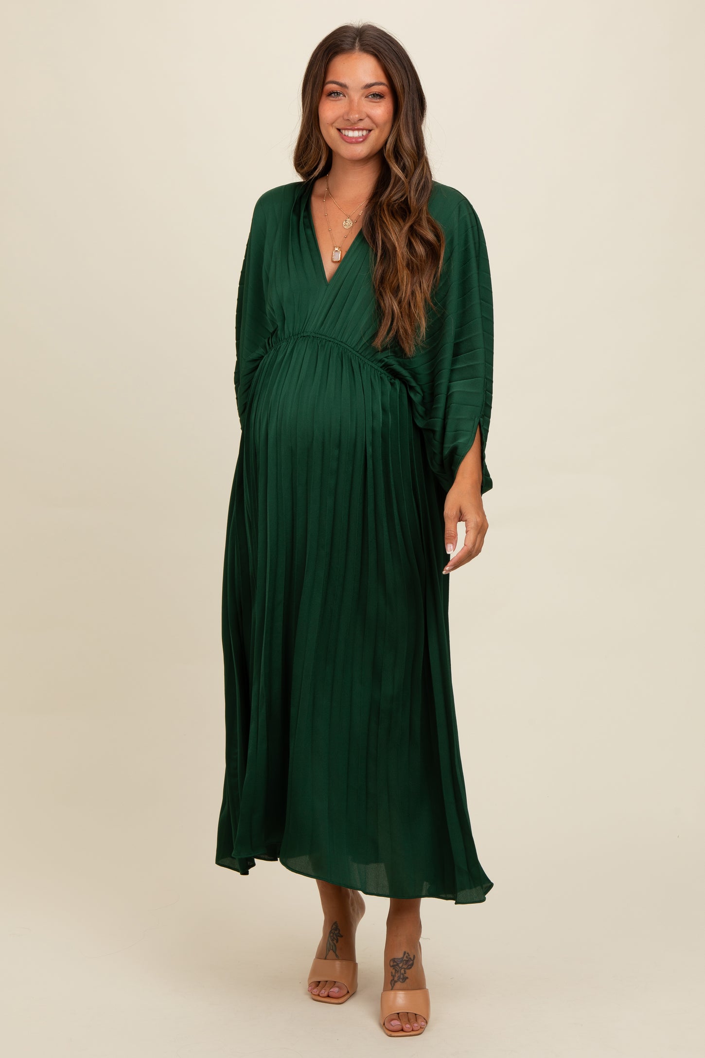 Forest Green Satin Pleated V-Neck Maternity Maxi Dress Forest Green Satin Pleated V-Neck Maternity Maxi Dress