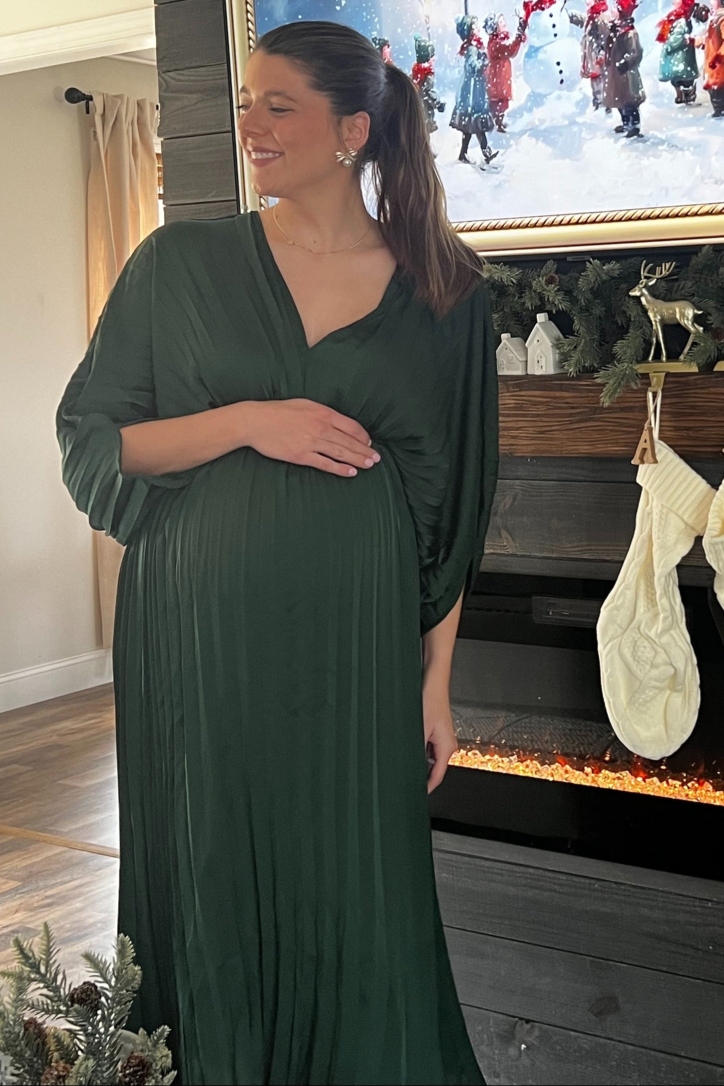 Forest Green Satin Pleated V-Neck Maternity Maxi Dress PinkBlush Forest Green Satin Pleated V-Neck Maternity Maxi Dress PinkBlush