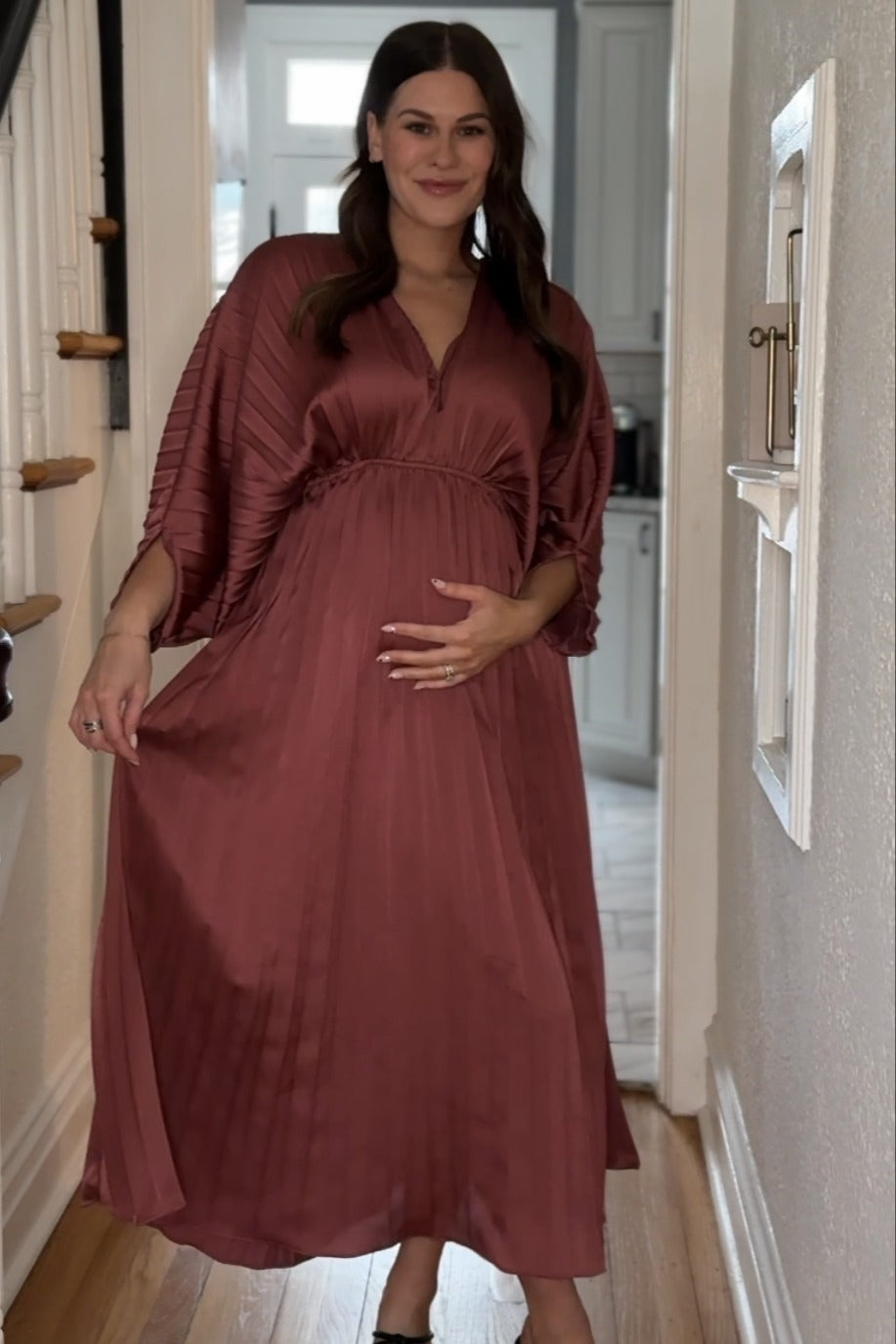 Mauve Satin Pleated V-Neck Maternity Maxi Dress – PinkBlush Mauve Satin Pleated V-Neck Maternity Maxi Dress – PinkBlush