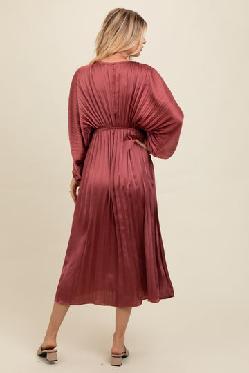 Mauve Satin Pleated V-Neck Maxi Dress