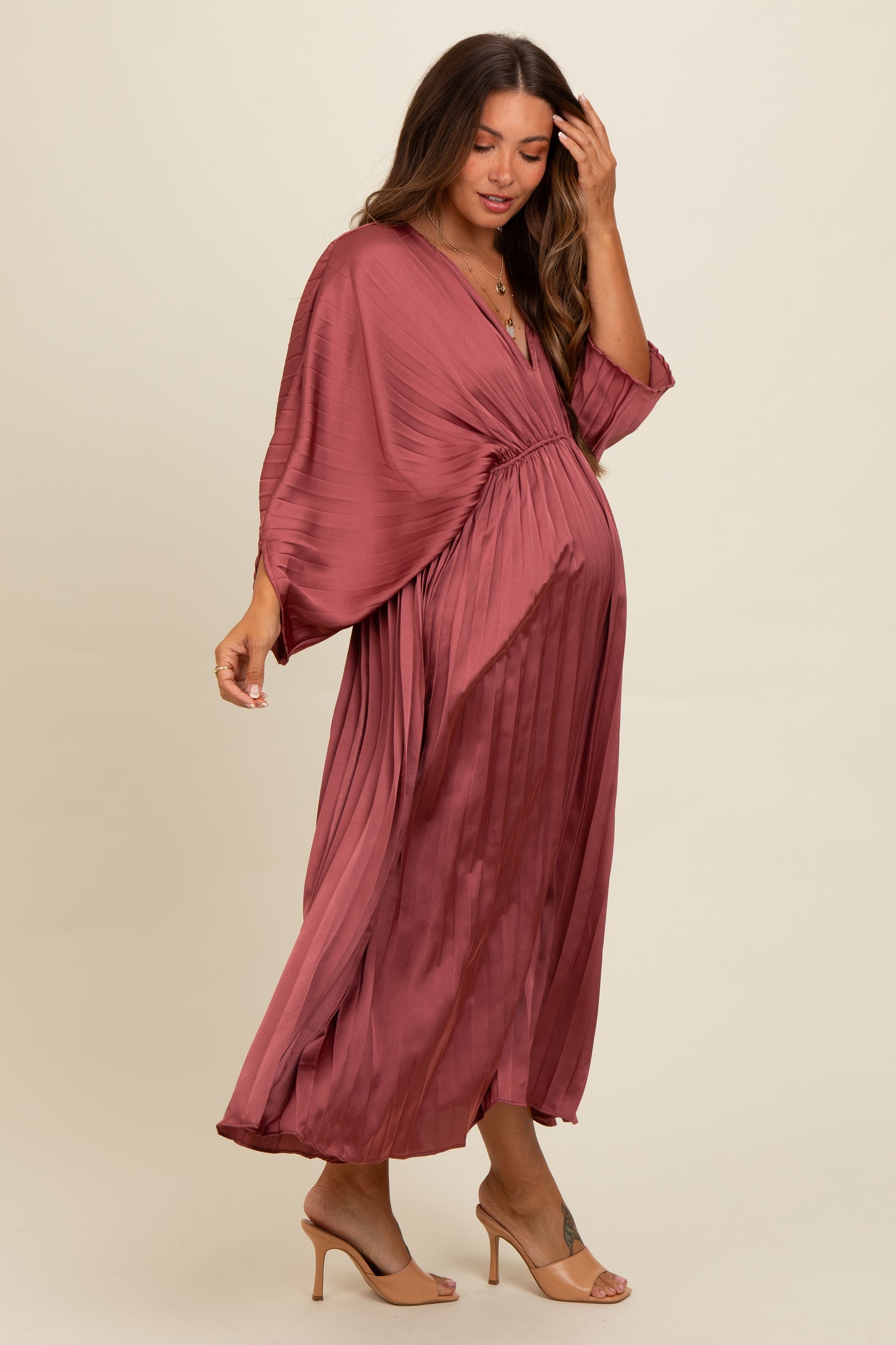 Mauve Satin Pleated V-Neck Maternity Maxi Dress – PinkBlush