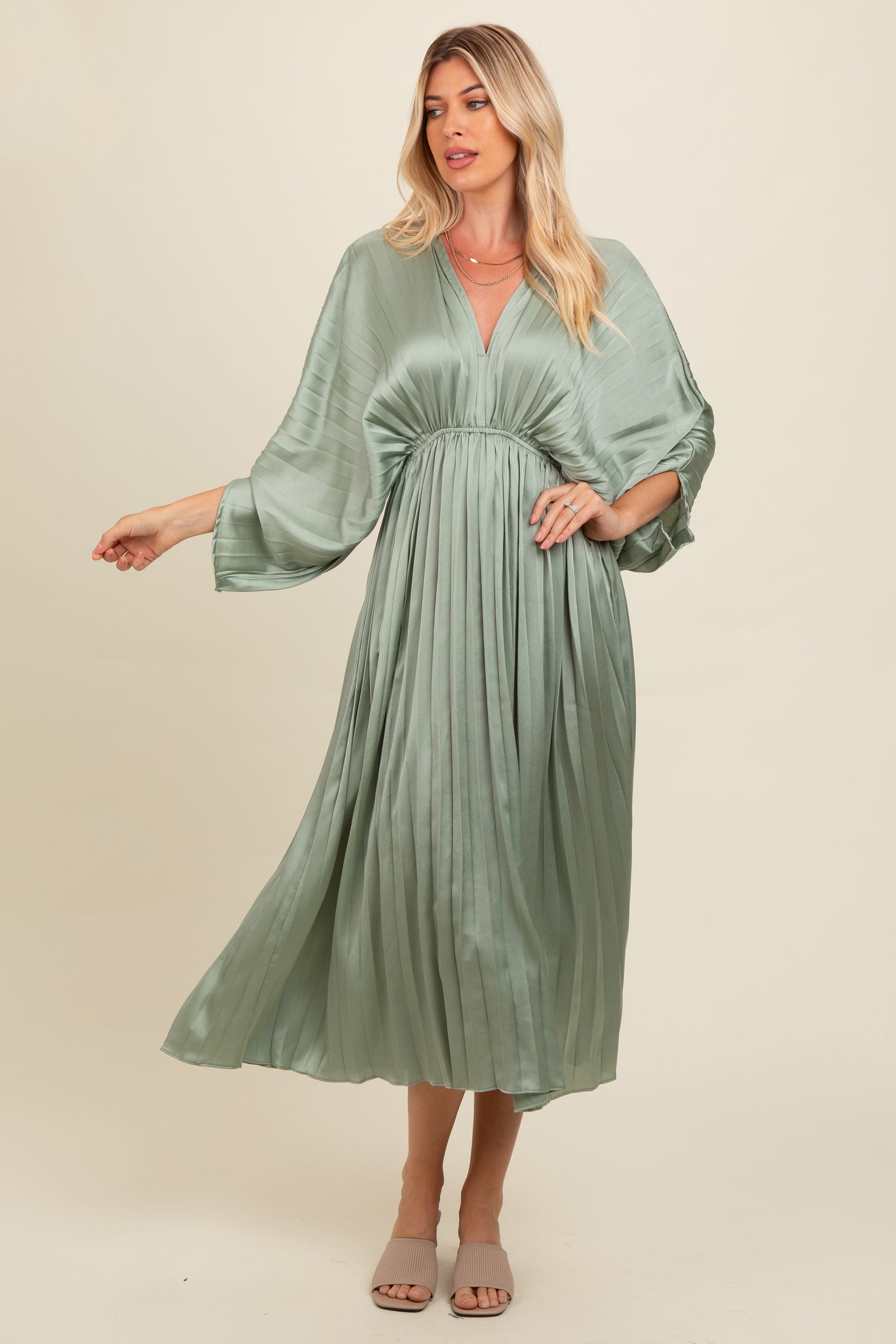 Light Olive Satin Pleated V-Neck Maternity Maxi Dress PinkBlush Light Olive Satin Pleated V-Neck Maternity Maxi Dress PinkBlush