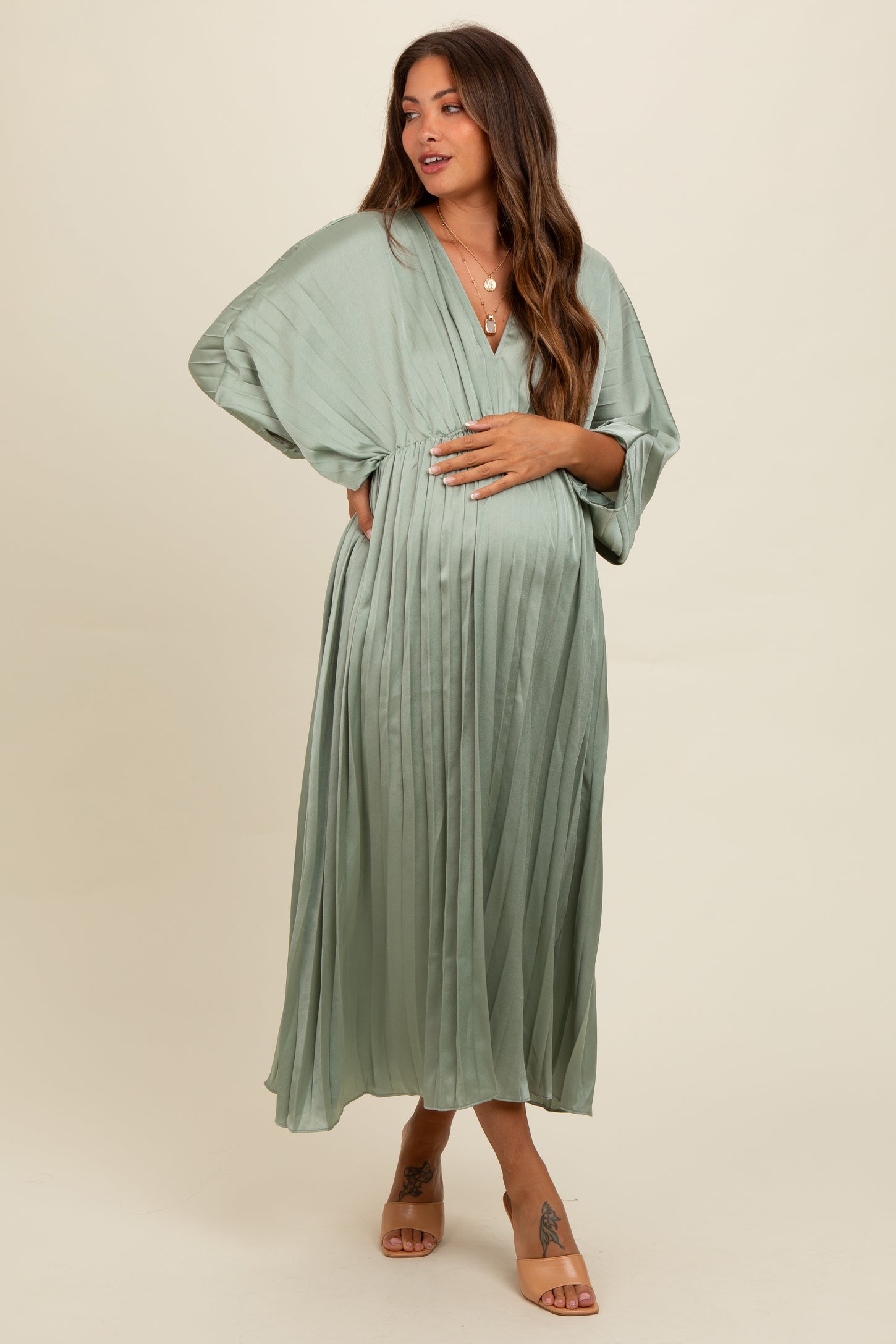 Light Olive Satin Pleated V-Neck Maternity Maxi Dress – PinkBlush