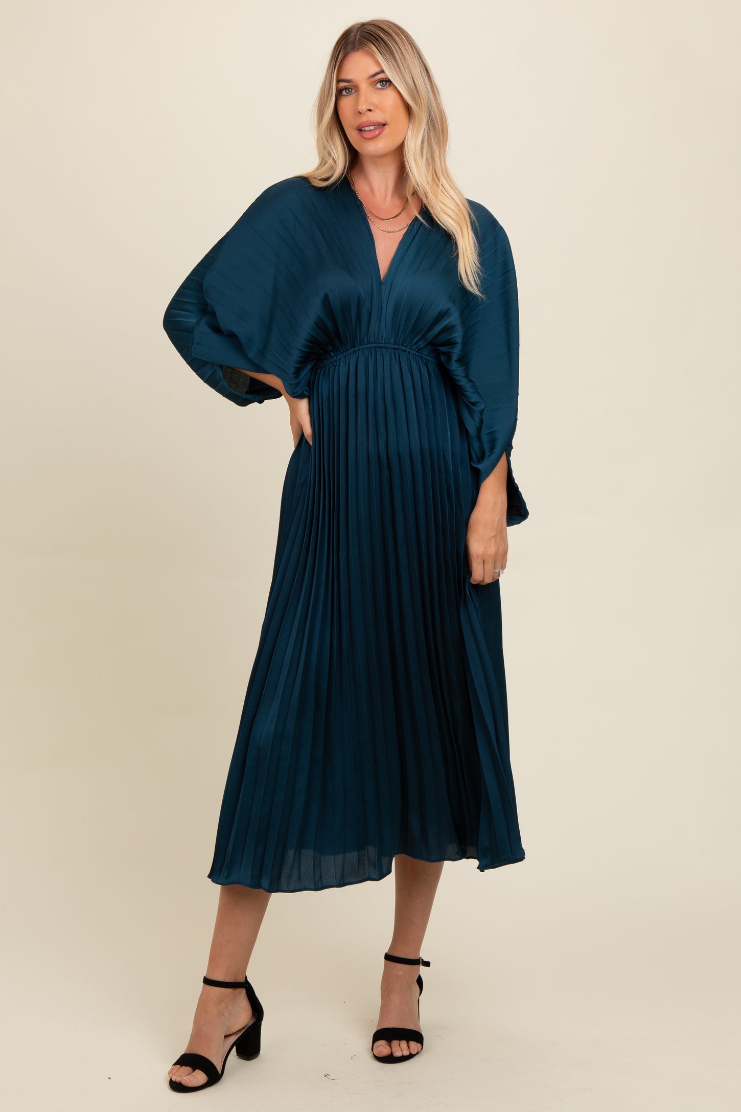 pleated maternity dress Sleeveless Crewneck Bump Maternity Open Front Fabric Green Pleated Lace Hem Maternity