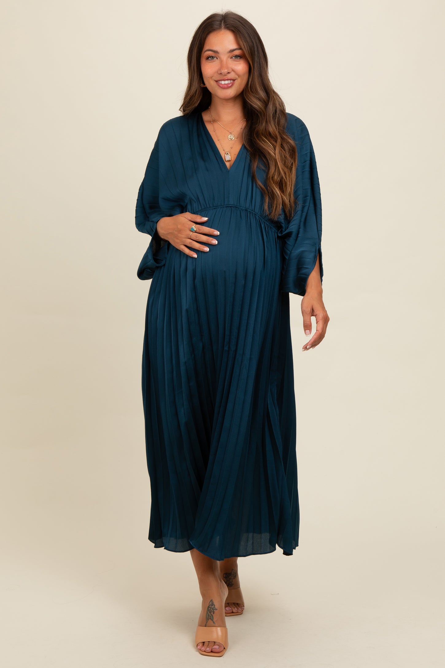 Teal Satin Pleated V-Neck Maternity Maxi Dress Teal Satin Pleated V-Neck Maternity Maxi Dress