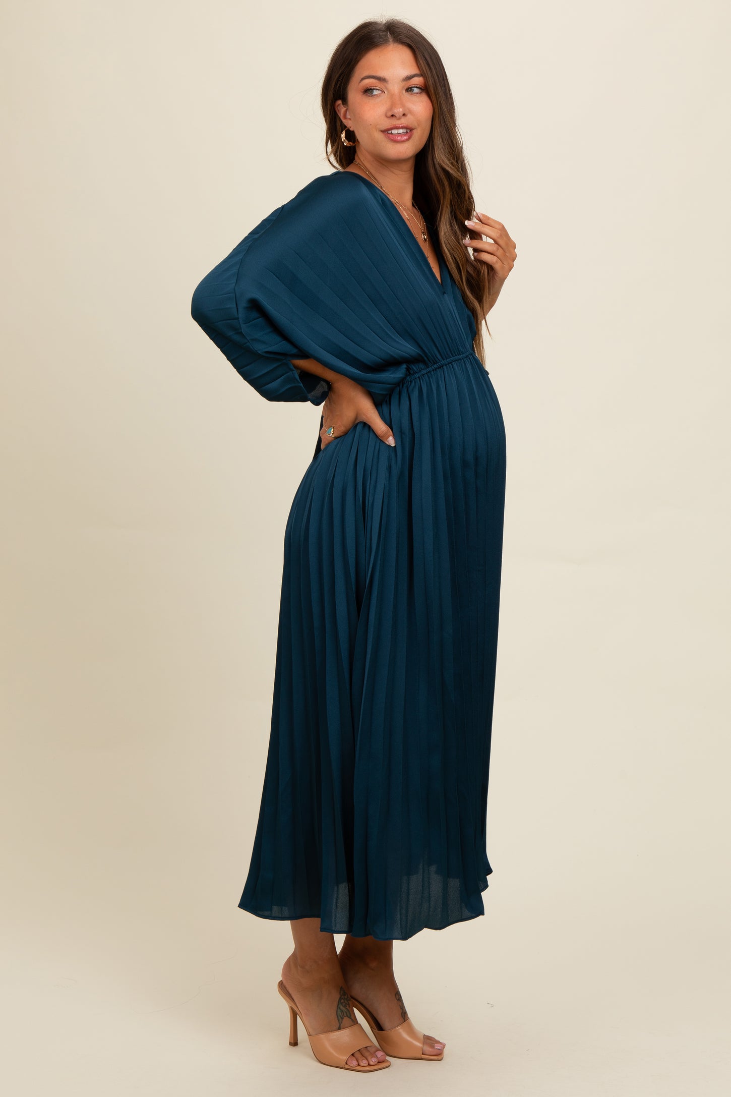 Teal Satin Pleated V-Neck Maternity Maxi Dress PinkBlush Teal Satin Pleated V-Neck Maternity Maxi Dress PinkBlush