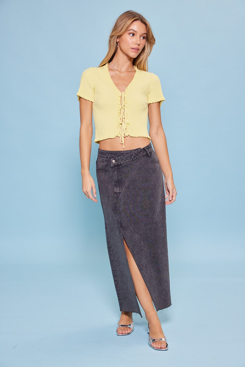 Lemon Coquette Ruffled Cardigan With Front Tie Detail