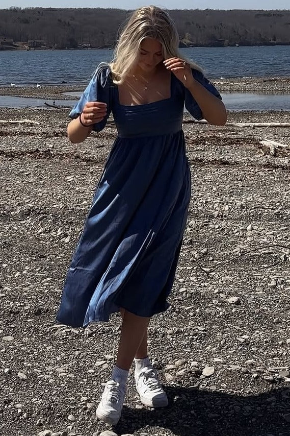 Blue Satin Pleated Bodice Puff Sleeve Midi Dress Blue Satin Pleated Bodice Puff Sleeve Midi Dress
