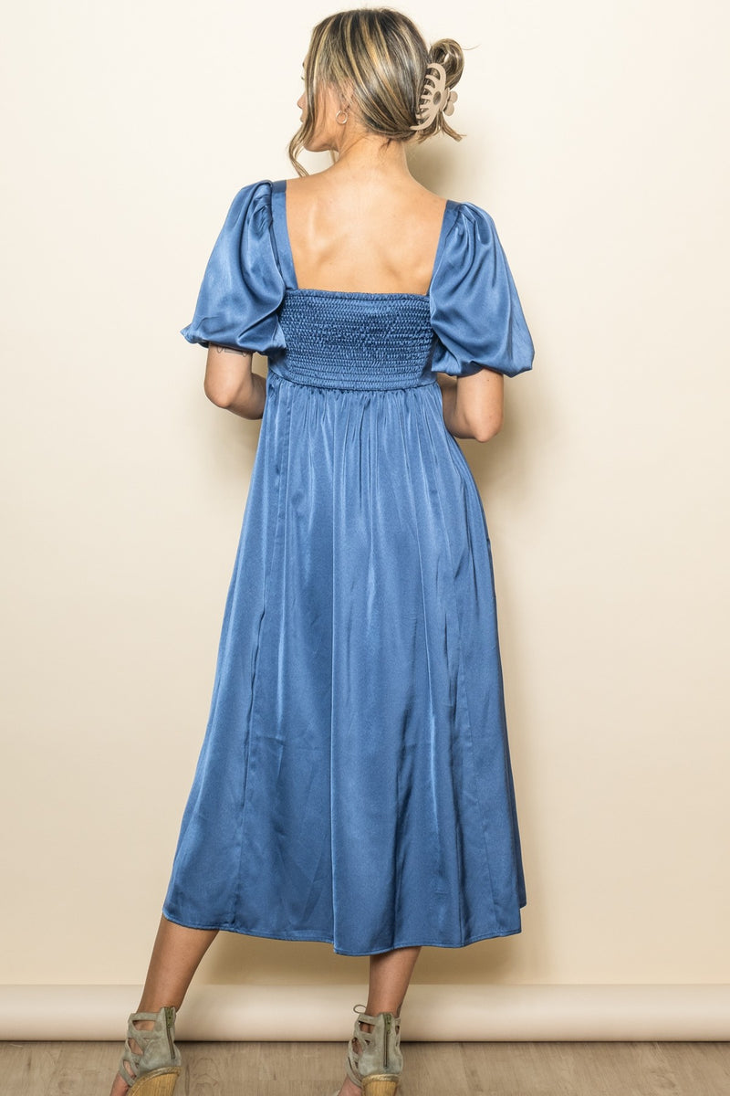 open lace back dress Blue Satin Pleated Bodice Puff Sleeve Midi Dress – PinkBlush