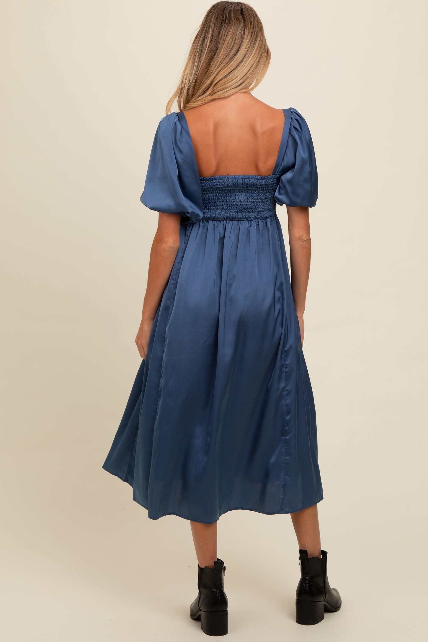 Blue Satin Pleated Bodice Puff Sleeve Maternity Midi Dress Blue Satin Pleated Bodice Puff Sleeve Maternity Midi Dress