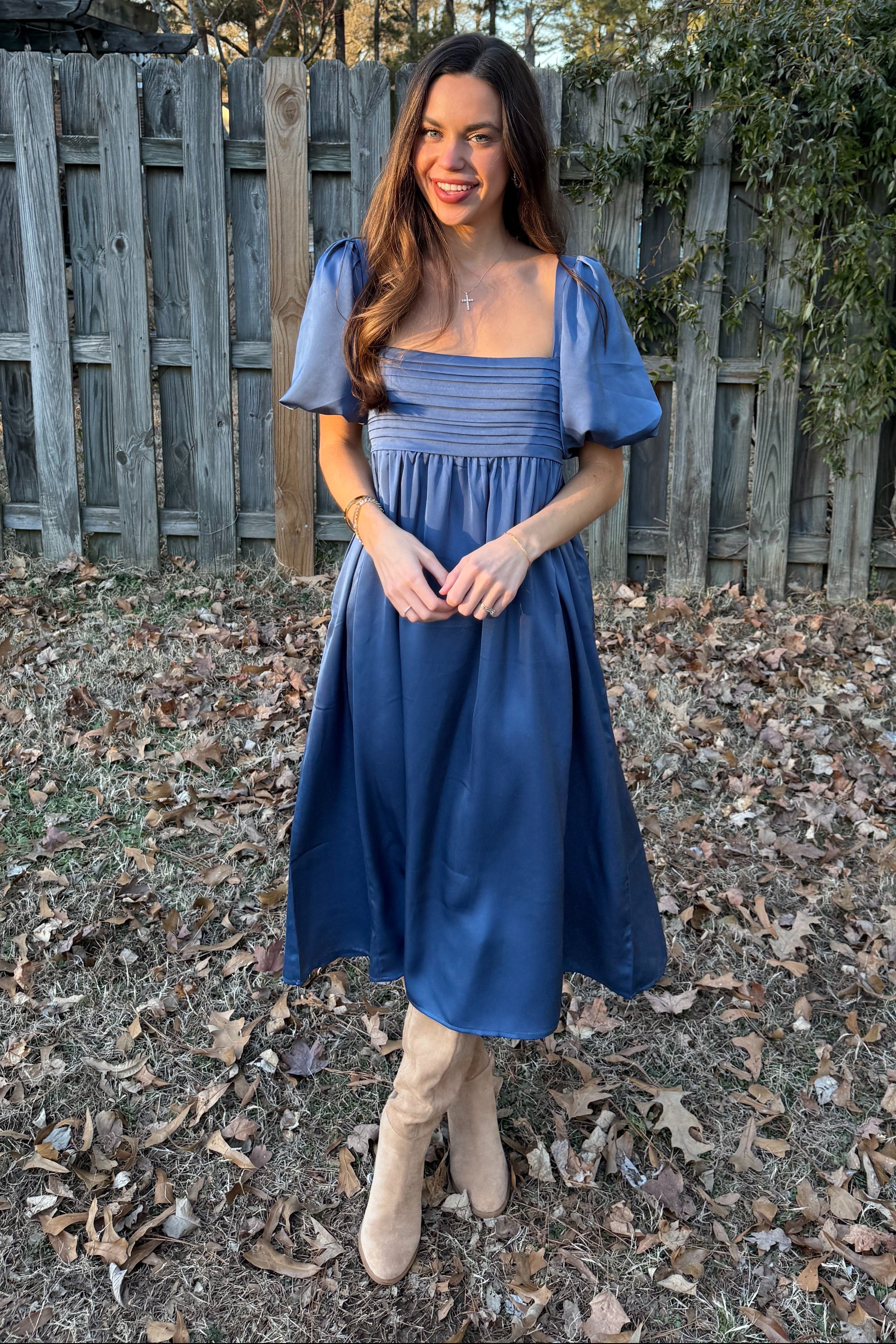 Blue Satin Pleated Bodice Puff Sleeve Midi Dress – PinkBlush
