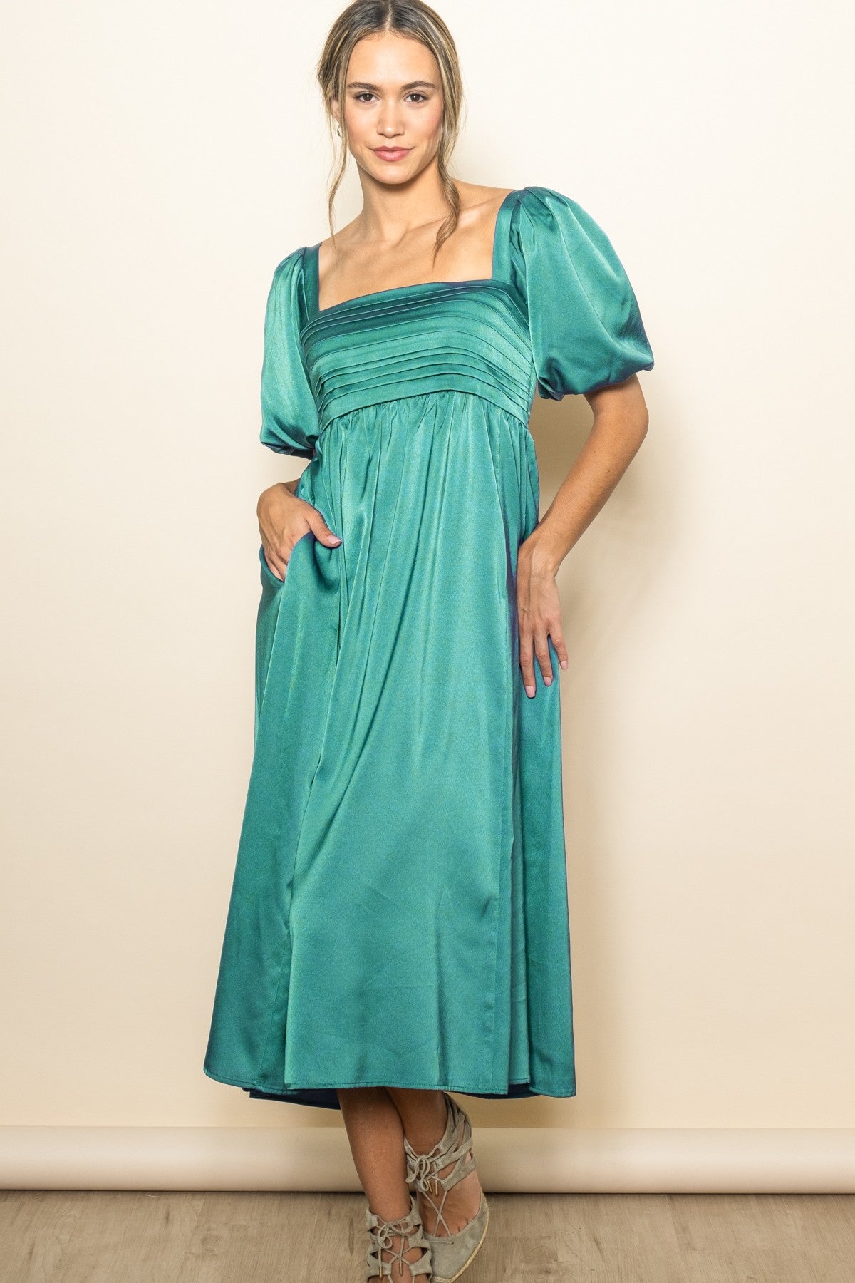 Emerald Green Satin Pleated Bodice Puff Sleeve Midi Dress Small - Pinkblush - Casual Chic Boutique Emerald Green Satin Pleated Bodice Puff Sleeve Midi Dress Small - Pinkblush - Casual Chic Boutique