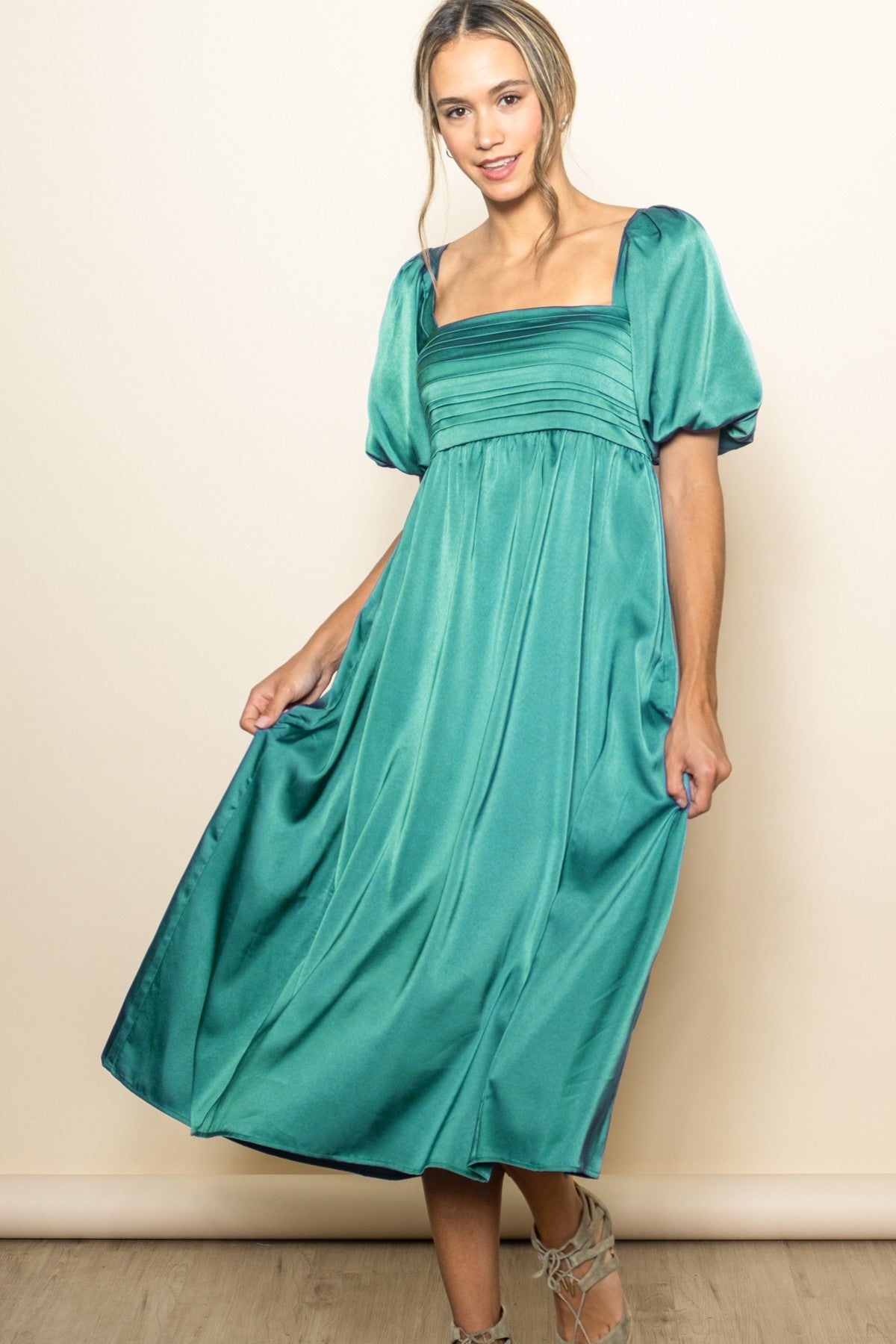 Emerald Green Satin Pleated Bodice Puff Sleeve Midi Dress – PinkBlush