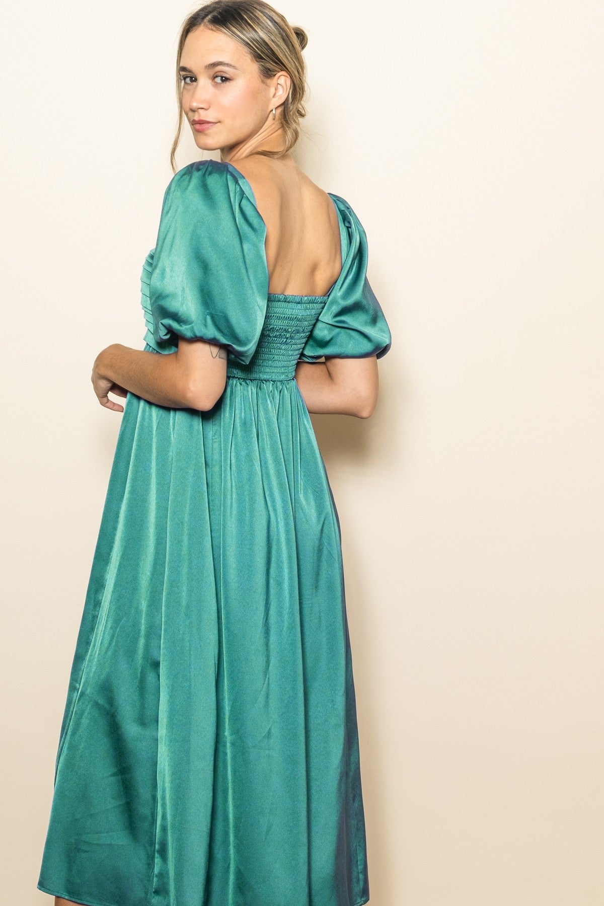 Emerald Green Satin Pleated Bodice Puff Sleeve Midi Dress PinkBlush Emerald Green Satin Pleated Bodice Puff Sleeve Midi Dress PinkBlush