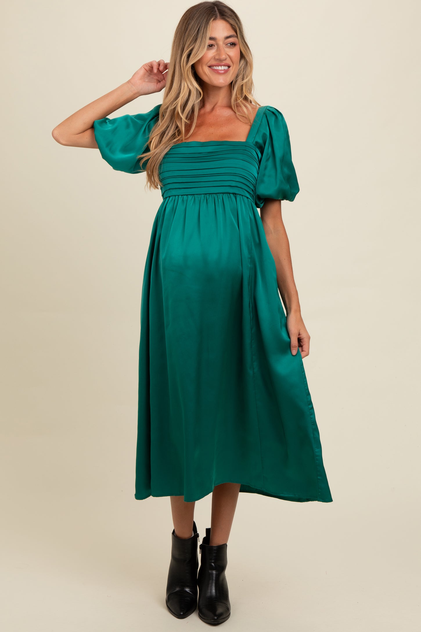 Emerald Green Satin Pleated Bodice Puff Sleeve Maternity Midi Dress Emerald Green Satin Pleated Bodice Puff Sleeve Maternity Midi Dress