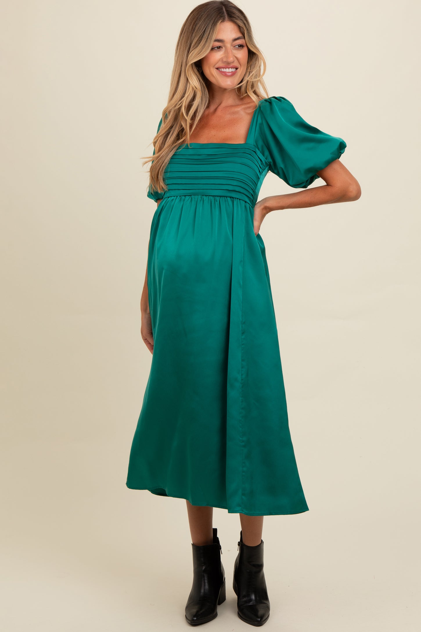 Emerald Green Satin Pleated Bodice Puff Sleeve Maternity Midi Dress Emerald Green Satin Pleated Bodice Puff Sleeve Maternity Midi Dress