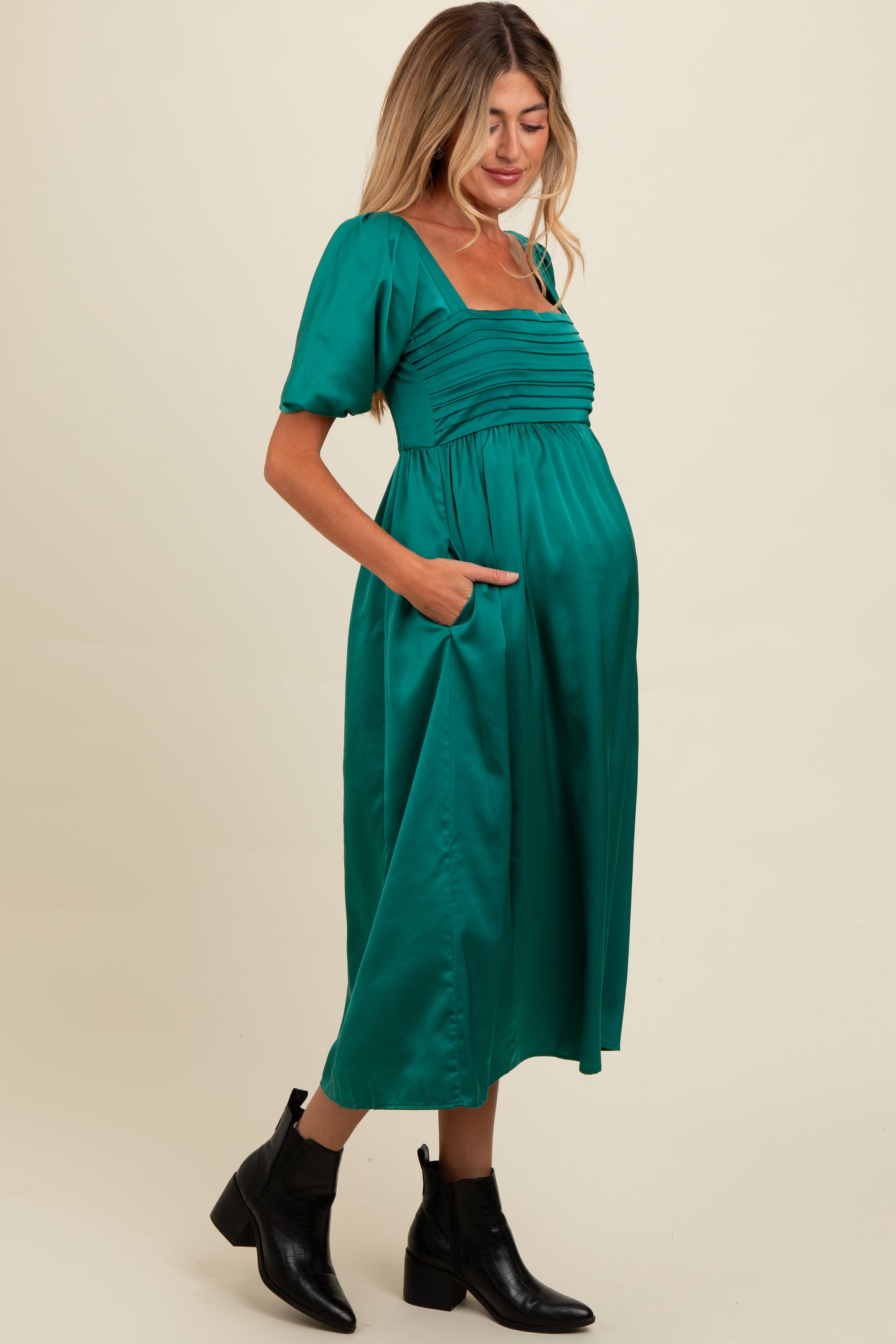 Emerald Green Satin Pleated Bodice Puff Sleeve Midi Dress Small - Pinkblush - Casual Chic Boutique Emerald Green Satin Pleated Bodice Puff Sleeve Midi Dress Small - Pinkblush - Casual Chic Boutique