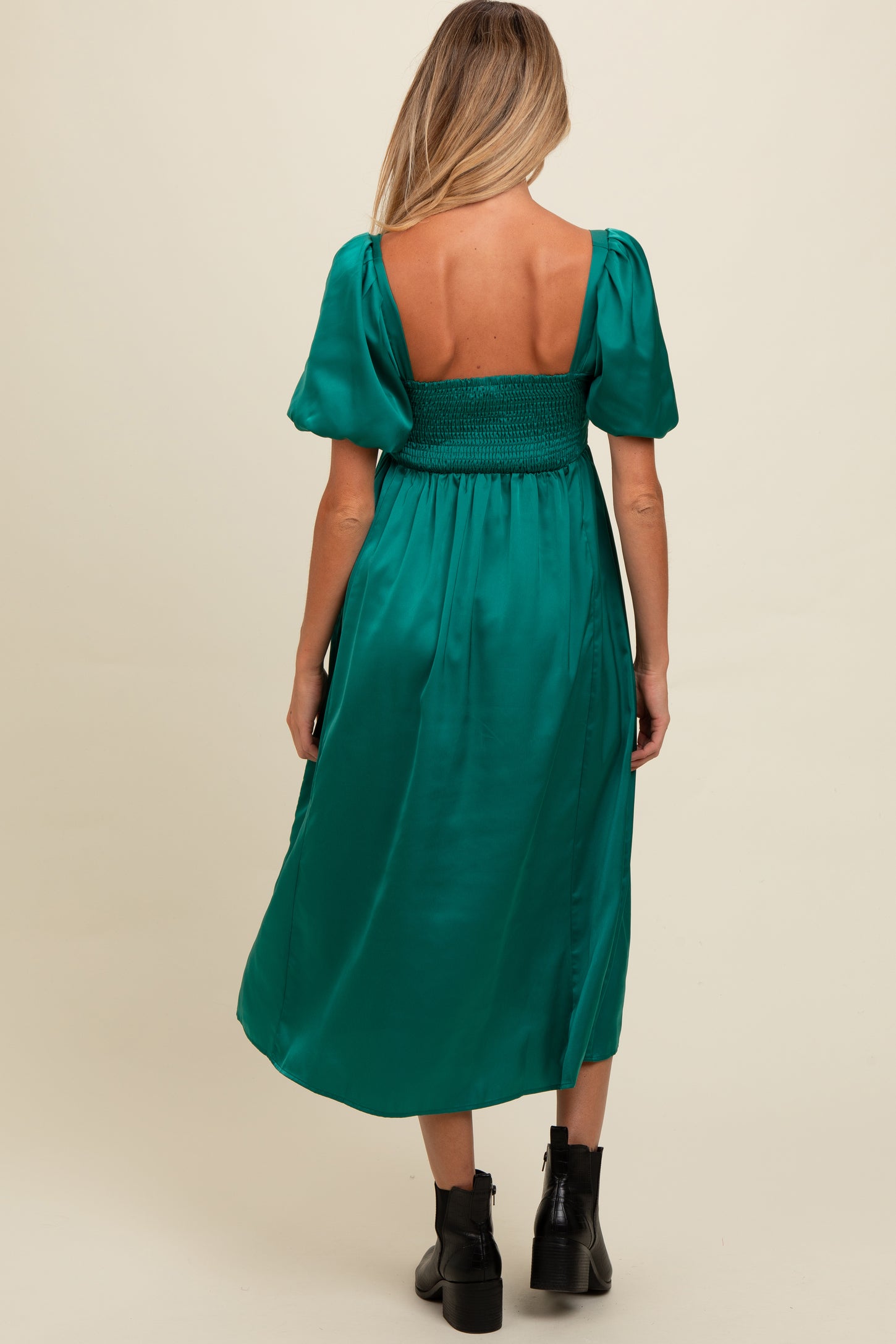 Emerald Green Satin Pleated Bodice Puff Sleeve Midi Dress Small - Pinkblush - Casual Chic Boutique Emerald Green Satin Pleated Bodice Puff Sleeve Midi Dress Small - Pinkblush - Casual Chic Boutique