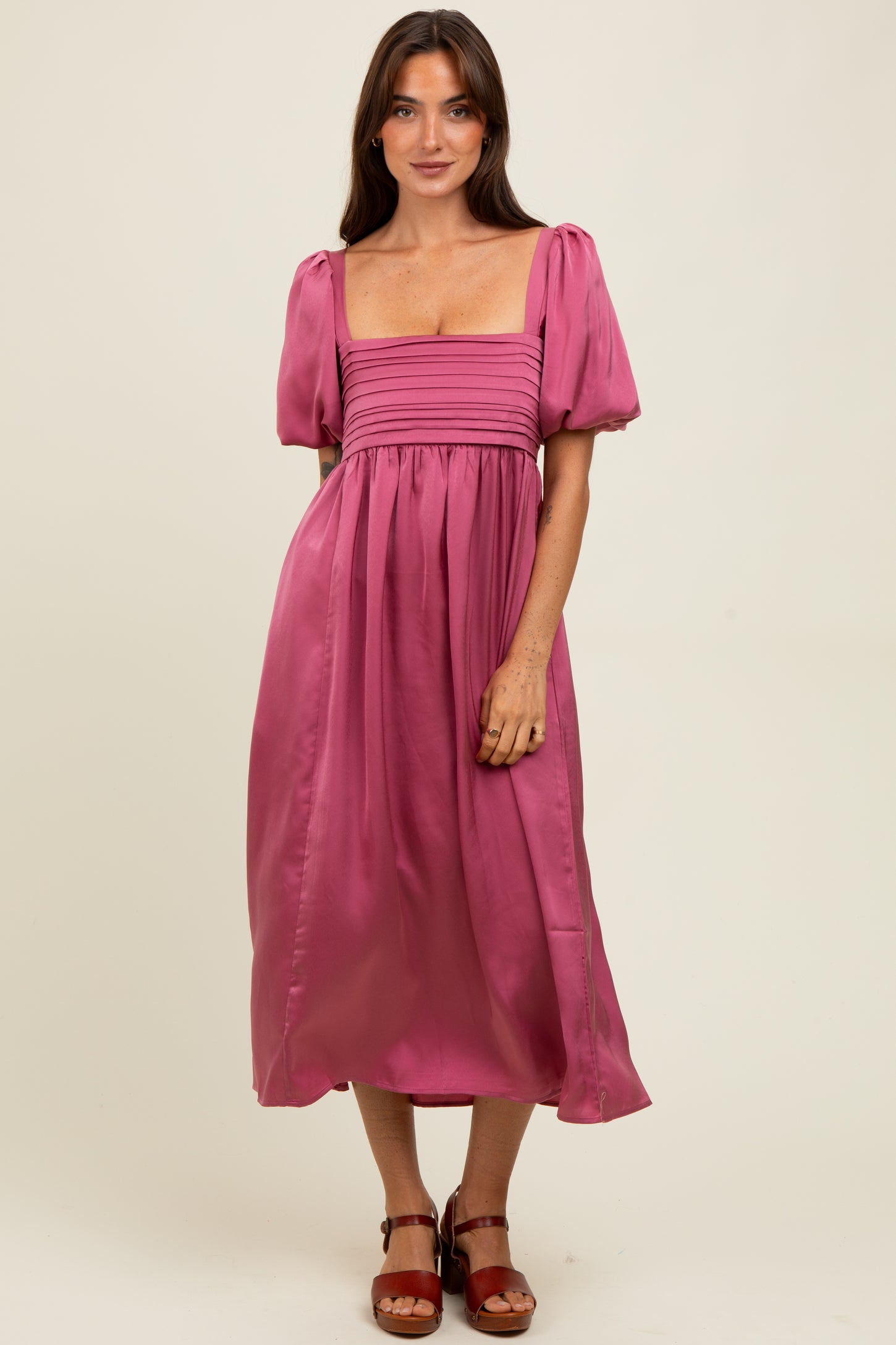 Mauve Satin Pleated Bodice Puff Sleeve Maternity Midi Dress