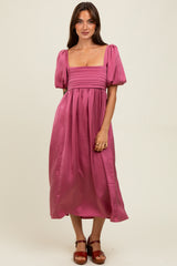 Mauve Satin Pleated Bodice Puff Sleeve Maternity Midi Dress